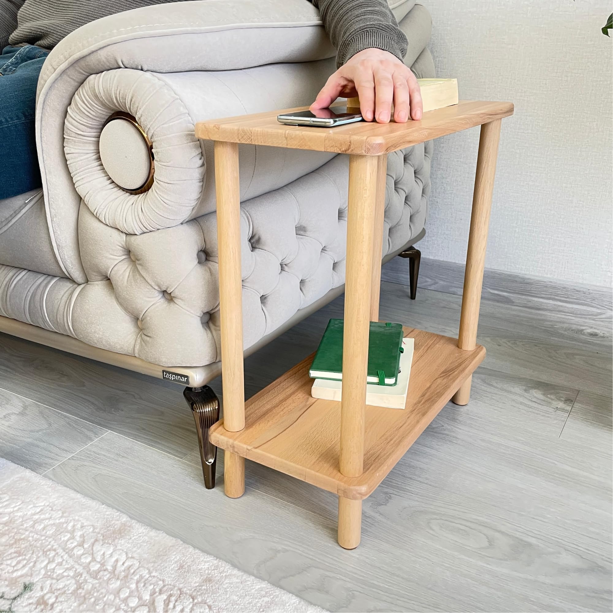 Furpinea Narrow Solid Beech Wood Side Table for Couch Living Room, Authentic Handmade Slim End Table 2 Tier with Open Shelf Nightstand for Bedrooms,