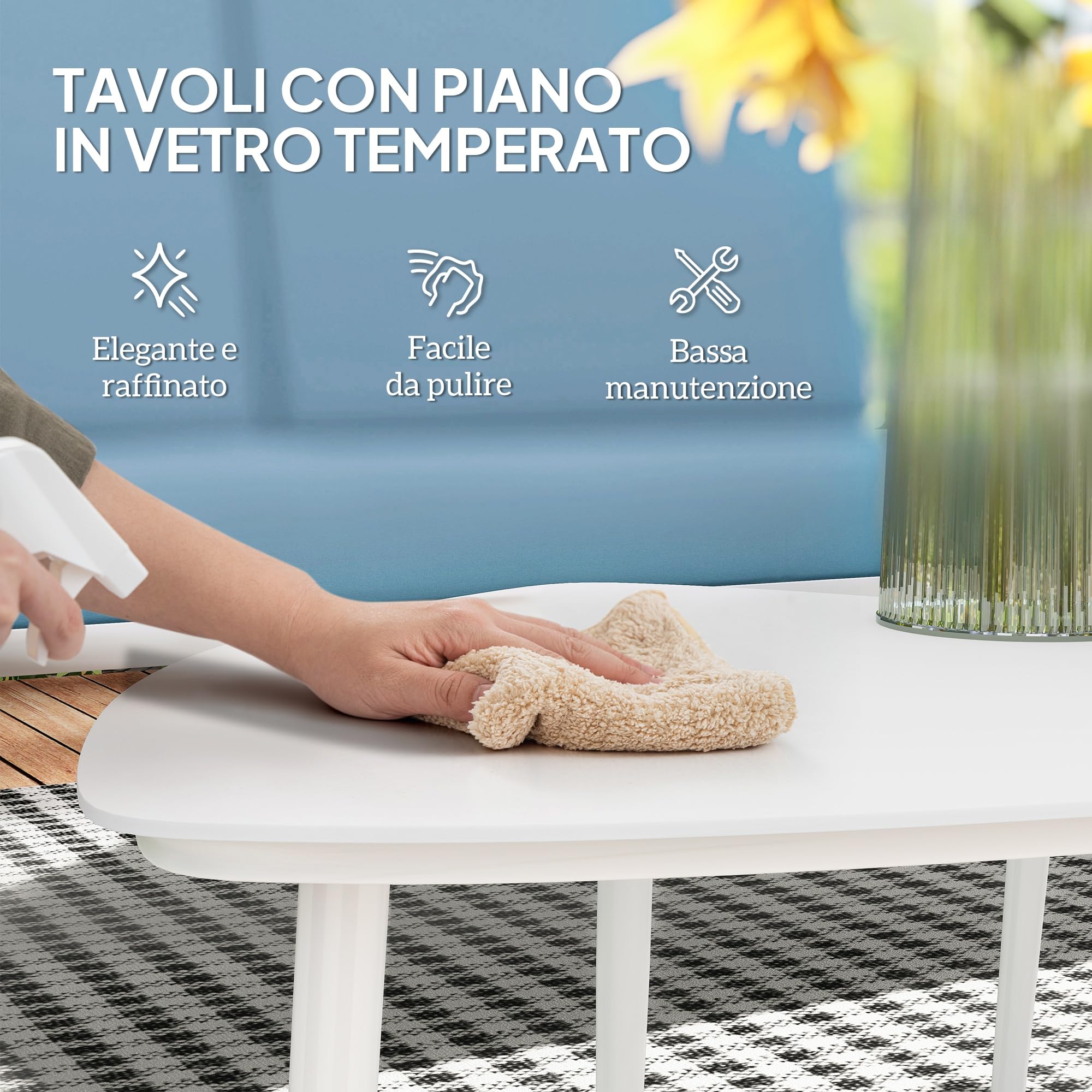 Outsunny Set Salotto da Giardino 5 Pezzi con Divanetto 2 Posti, Poltrone e Tavolino in Vetro, Azzurro