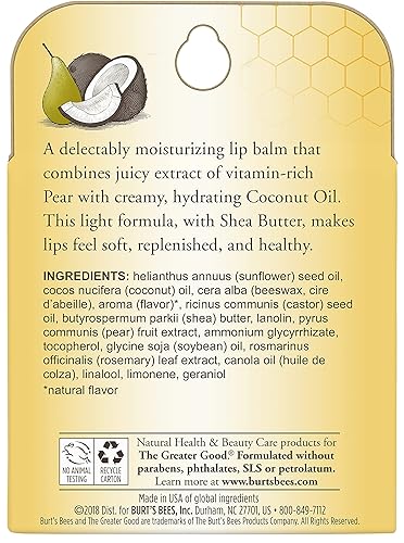 Miniatura 7 de Burt's Bees Bálsamo labial hidratante 100% natural, coco y pera con cera de abejas y extractos de frutas, 4 tubos