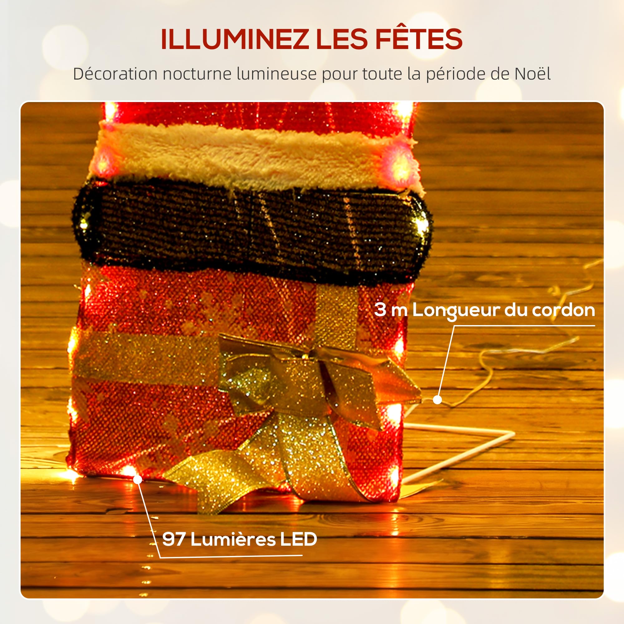 Outsunny Père Noël Lumineux de 90 cm avec 97 LED Blanc Chaud, Piquets, IP44 | Décoration Noël Personnage, Attaches Zippées, Intérieur, Extérieur