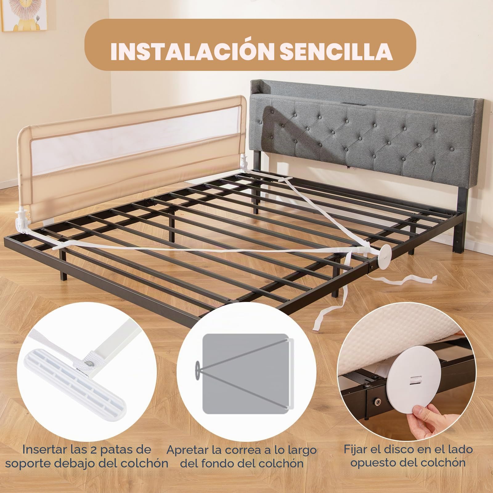 RELAX4LIFE Barrera Seguridad Niños Cama Plegable 150/180cm con Correas de Seguridad y Funda Tela Oxford Removible, Barandilla Cama Niño para Cuna, Cama Gemelo/Doble/Queen&King (Beige,180 x 41 x 55 cm)
