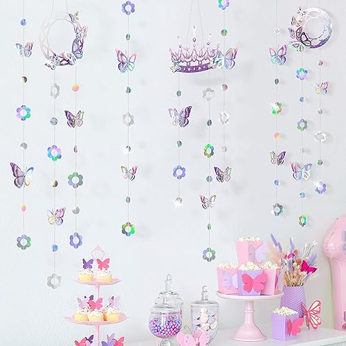 Miniatura 6 de Cheerland Decoraciones de mariposa iridiscente para cumpleaños, guirnalda de princesa de hada, flor de lavanda y decoración púrpura holográfica para