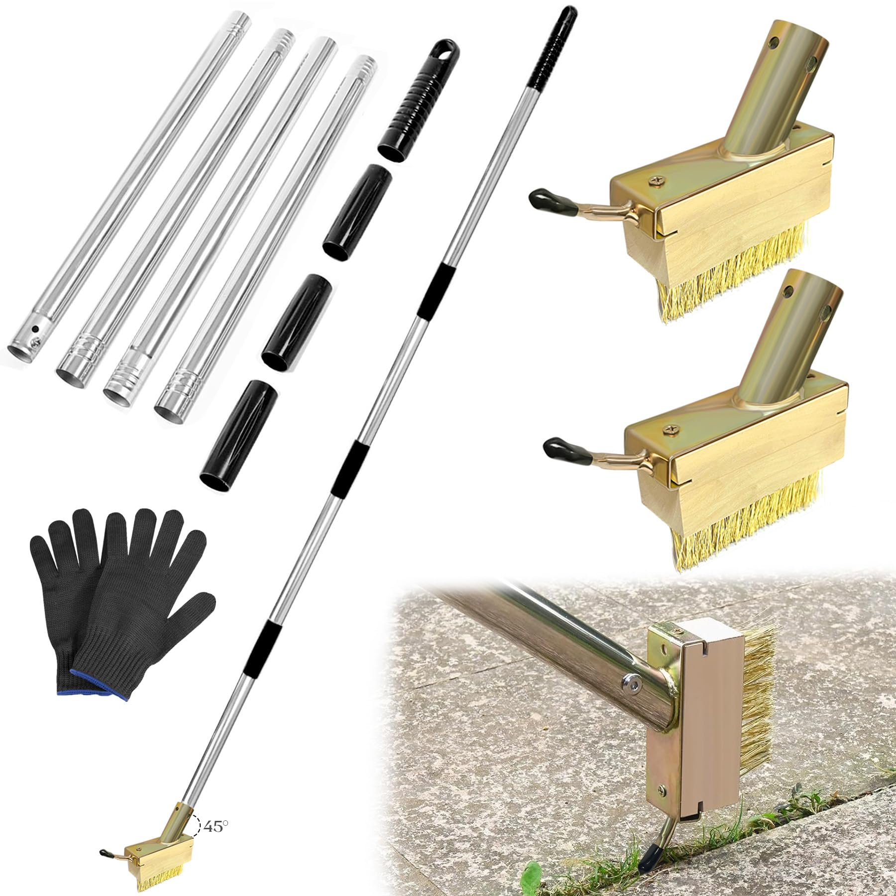 TZEKING 2 Pezzi Scopa Metallica per Giardino,Scopa in Filo Metallico con Manico Telescopico,Spazzola con Setole Metalliche Rigide,Spazzola Metallica,per Rimuovere Erbacce,Muschio e Macchie Ostinate
