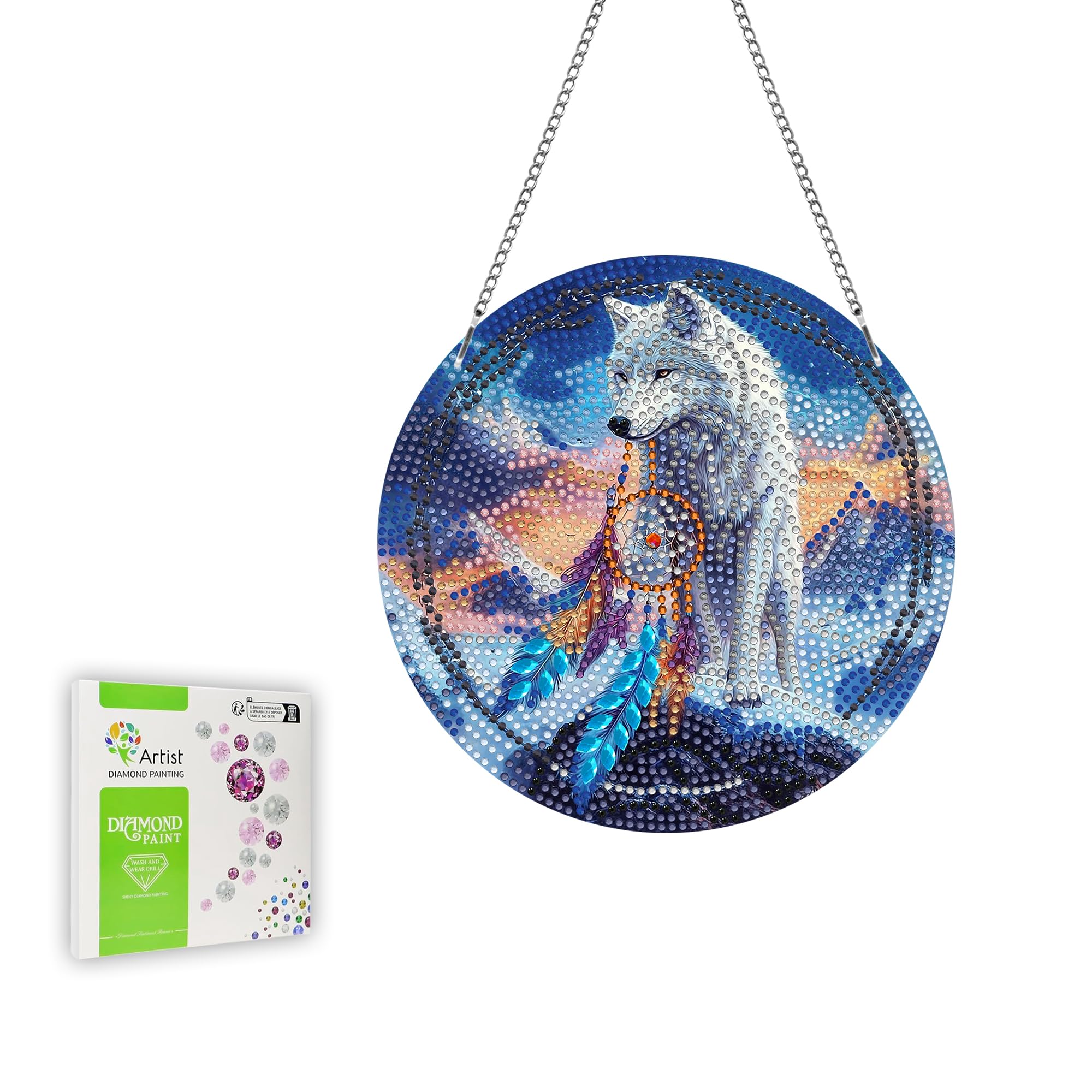 Ginfonr Diamond Painting Kits Hanging Pendant, Wolf Wall Plaque for Farmhouse, Dreamcatcher for Summer Decorations Diamond Art Suncatcher, Double Sided Mother's Day Gifts for Garden Window (20x20 cm)