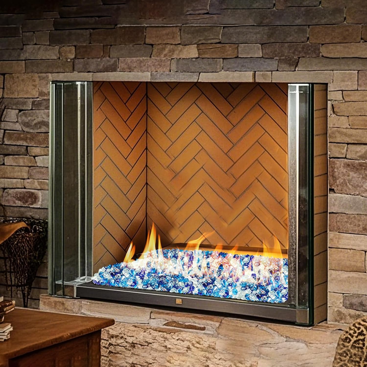Skyflame 10-Pound Blended Fire Glass Diamonds for Fire Pit Fireplace Landscaping, 1/2 Inch Cobalt Blue, Crystal Ice, Caribbean Blue Luster
