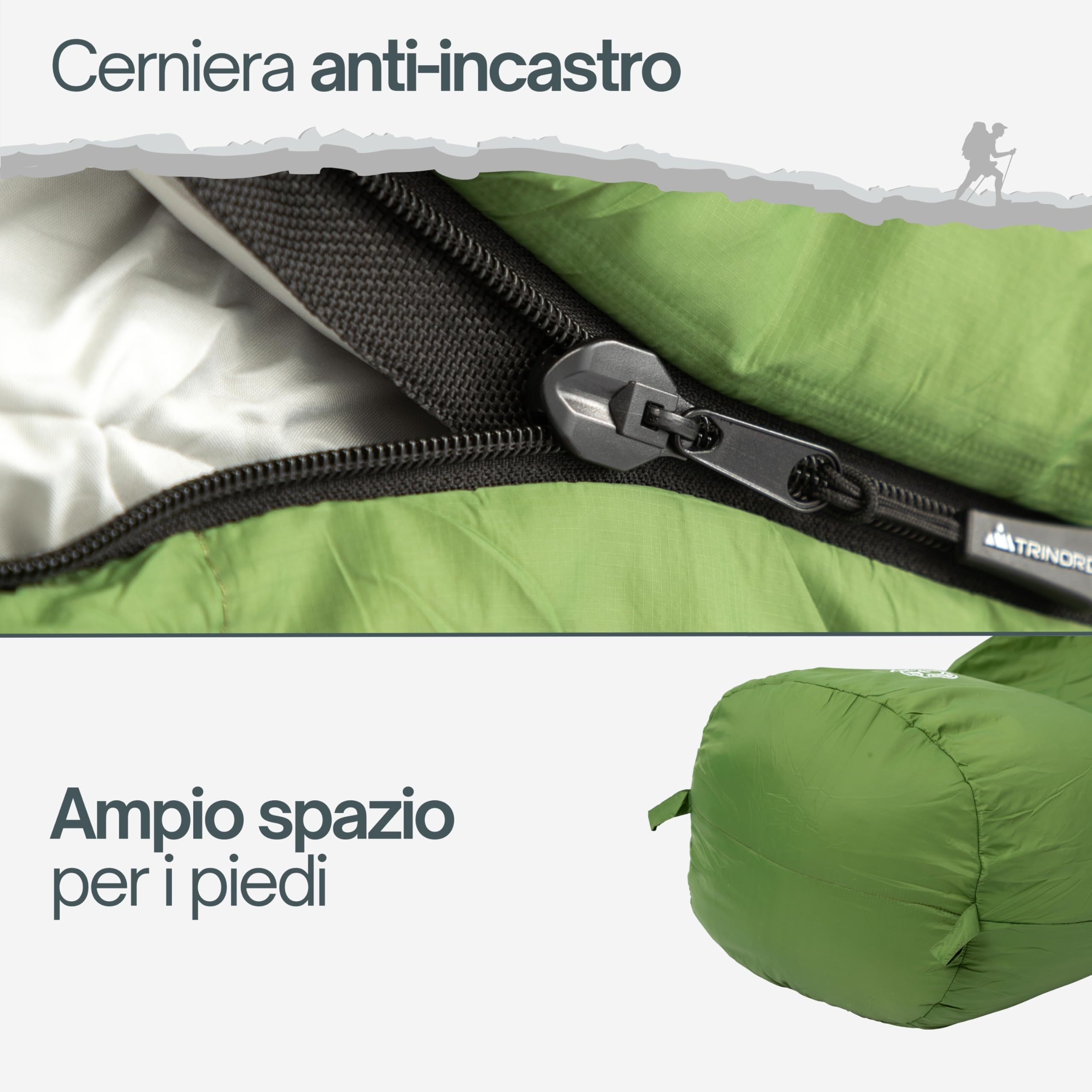 Sacco a Pelo Estivo Trinordic Leggero – 900g, Extra Lungo con Cerniera Anti-Inceppamento – Sacco a Pelo Compatto e Ultraleggero per Adulti, Accessori da Campeggio per, Backpacking e Bikepacking