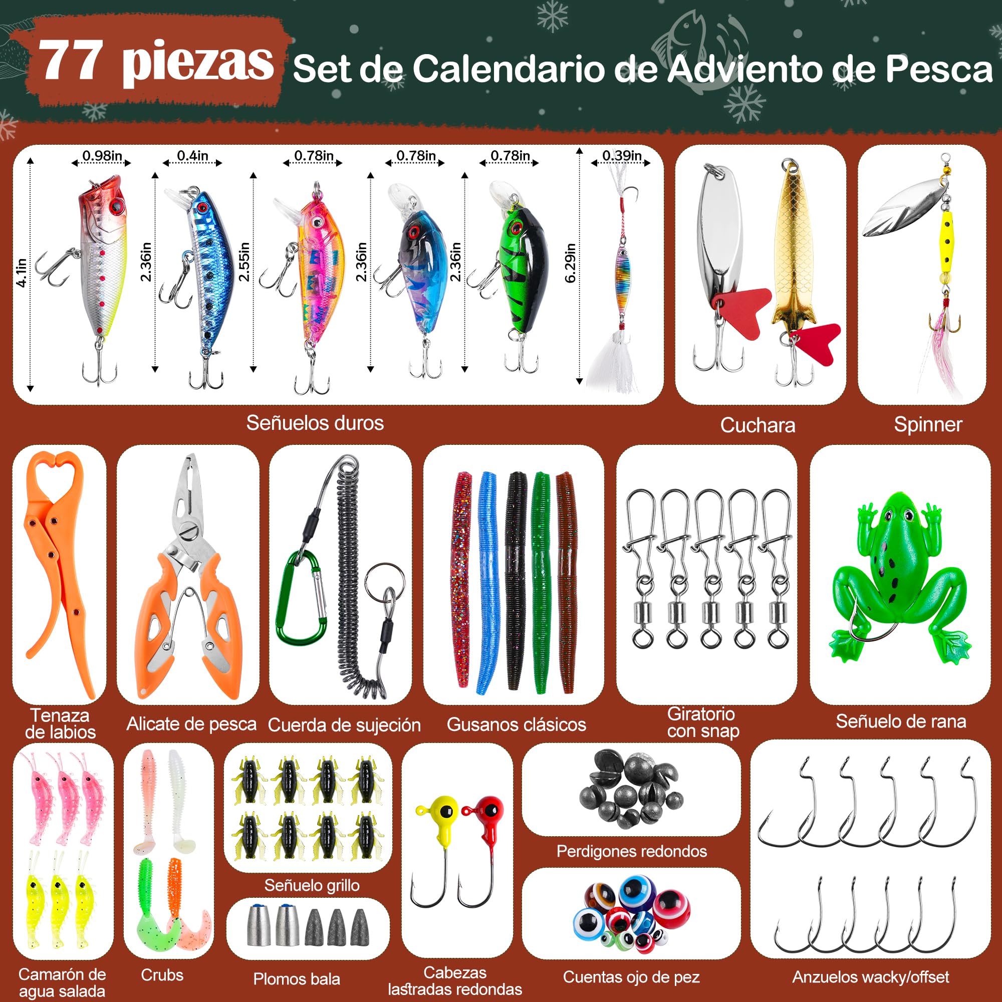 Calendario de Adviento Pesca 2025 con Herramientas 77 Piezas Señuelos para Hombre