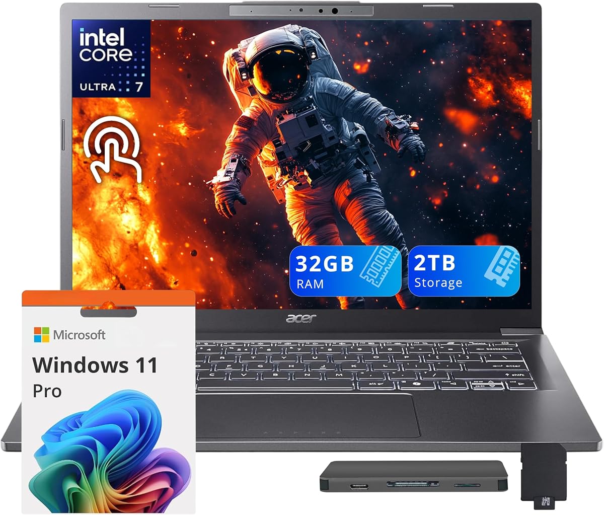 Acer Aspire 14" WUXGA IPS Touchscreen Laptop, Intel Ultra 7 258V, 32GB RAM, 2TB Storage(1TB SSD + 1TB Docking Station Set), Intel ARC 140V, Backlit Keyboard, 1080p Camera, Wi-Fi 6E, Win 11 Pro, Gray