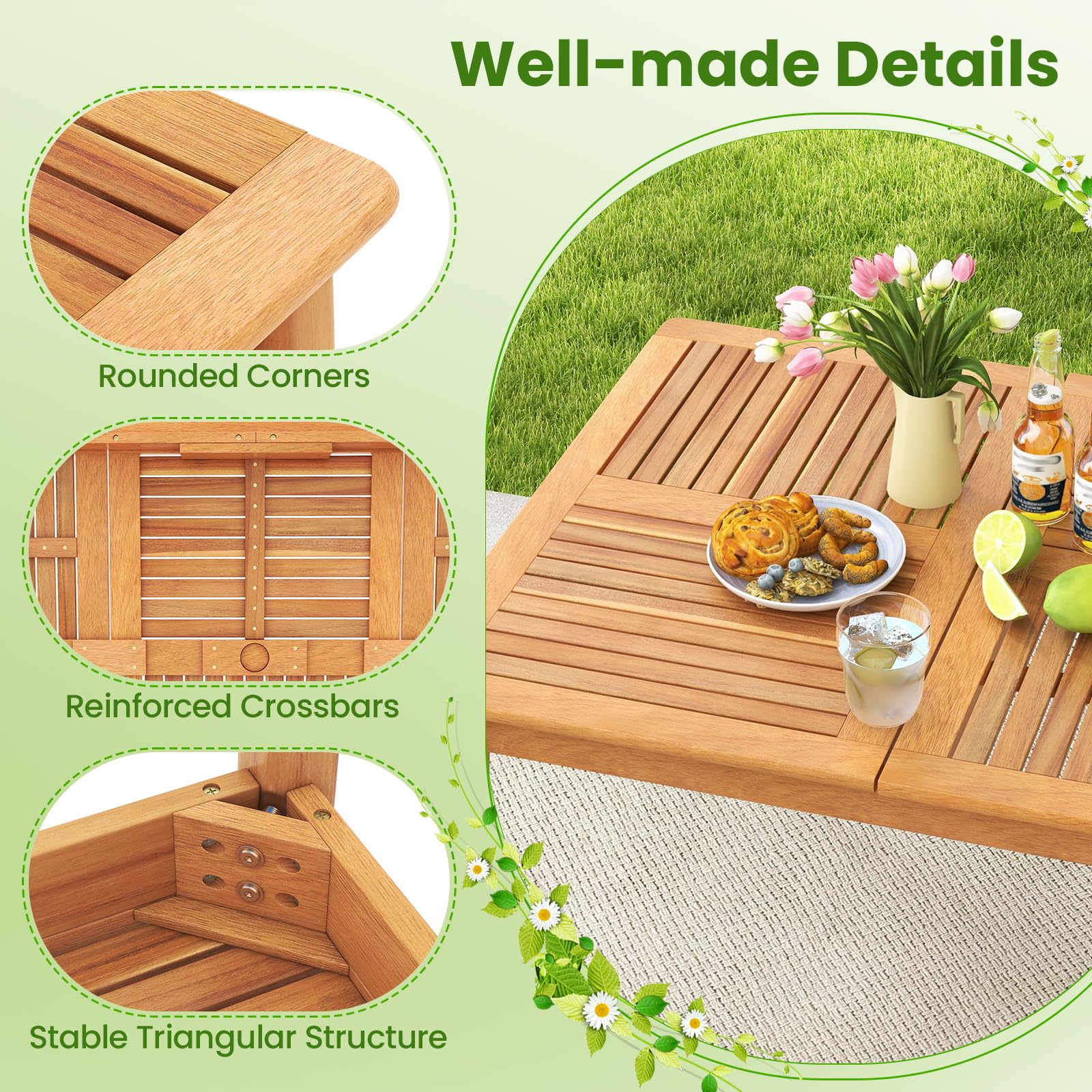 FANTASK Gartentisch aus Akazienholz, 170 x 90 cm, Outdoor Holztisch mit Schirmloch für 6 Personen, rechteckiger Esstisch, Balkontisch für Balkon, Garten, Terrasse