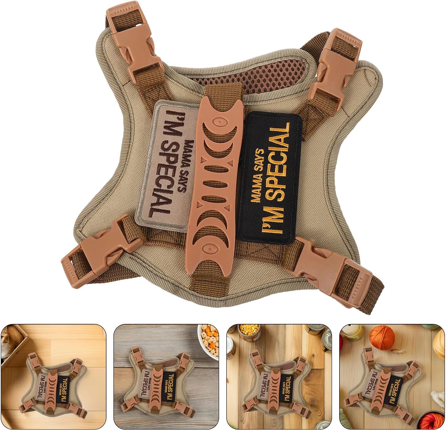 YARNOW Adjustable Tactical Cat Walking Harness and Leash Set, Escape-Proof Soft Mesh Vest with Embroidered Patches, Lightweight Khaki Travel Harness for Kittens and Cats Outdoor Training