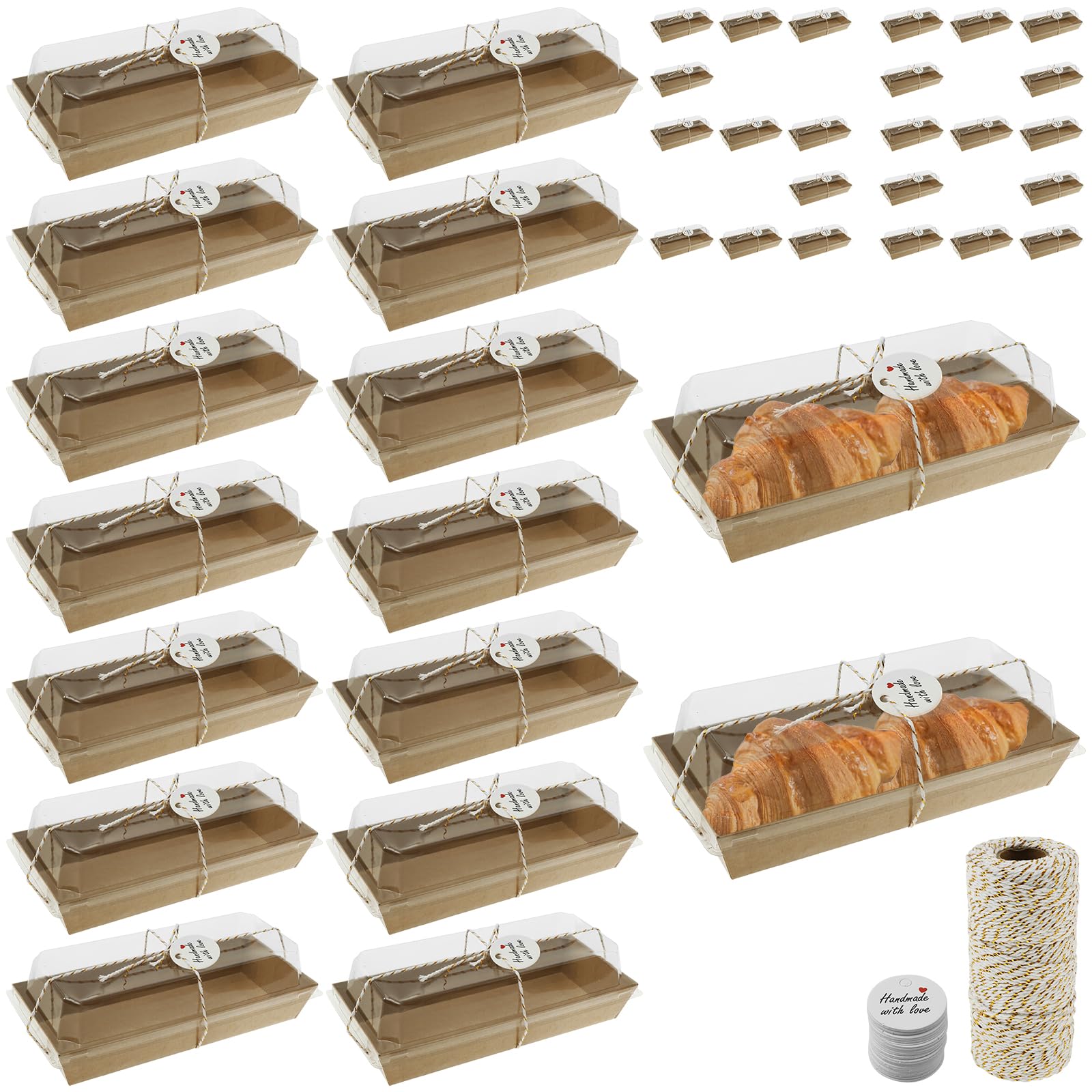 Kuanght Brown 50 Pcs Cake Slice Boxes, Paper Charcuterie Box With Clear Lids, Oil-Proof Dessert Box With Hang Tag And Hemp Rope, Paper Sandwich Platter Trays For Sandwich, Sushi Roll, Hamburger And Cookie (Brown)