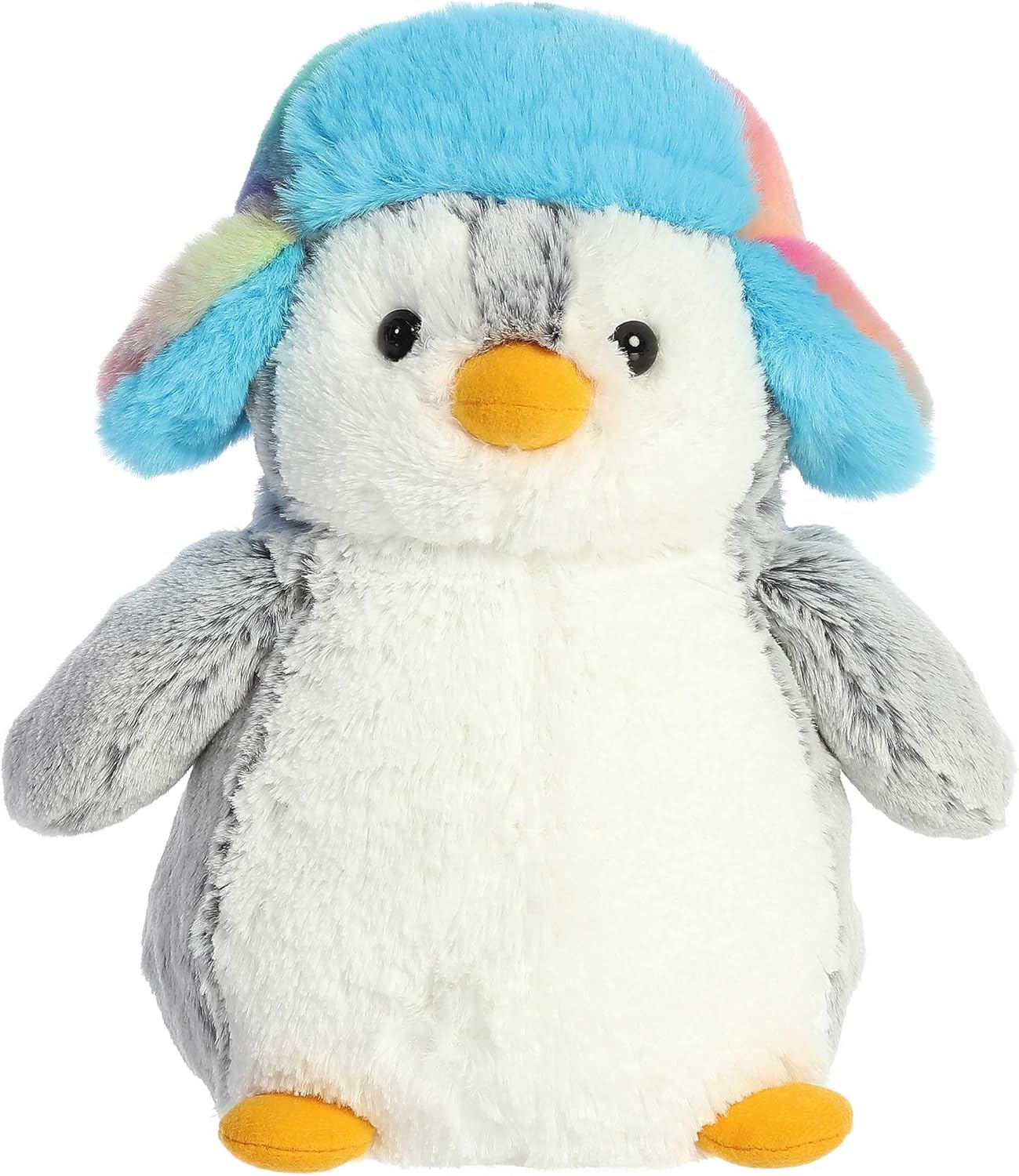 Aurora Festive Pompom Penguin Pom Pom Rainbow Trapper Stuffed Animal - Vibrant Companions - Endless Fun - Gray 9 Inches