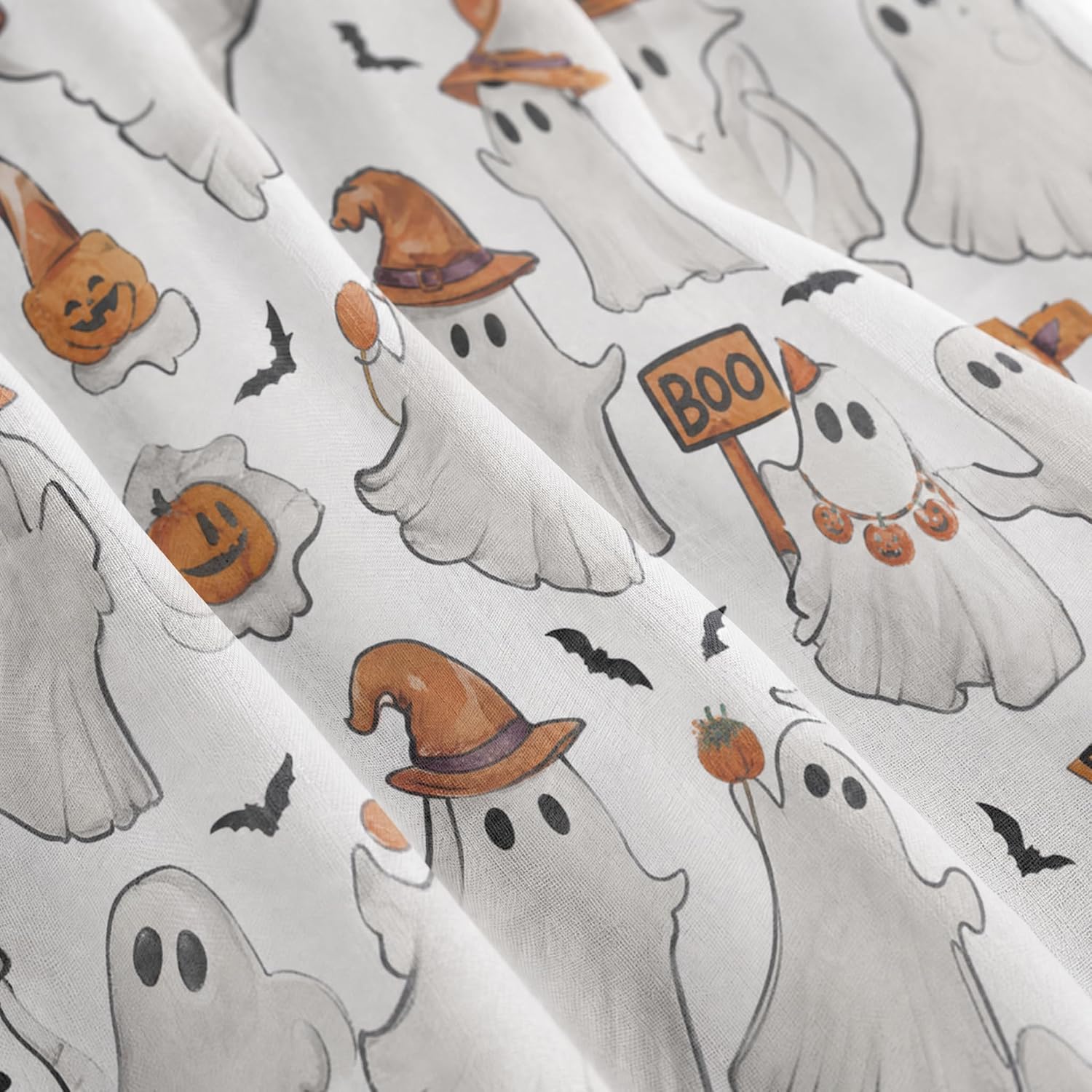 Horaldaily 2Pcs White Sheer Valance for Window 52x14in, Bat Ghost Pumpkin
