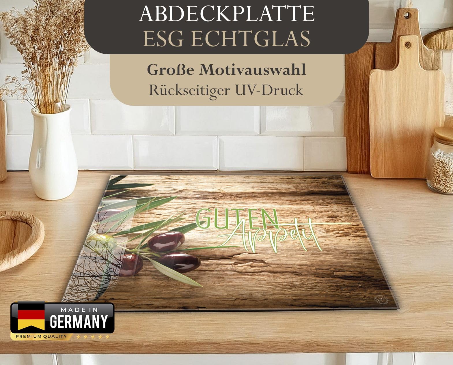 Herdabdeckplatte 80x52 cm einteilig – Oliven Guten Appetit | ESG Glas Ceranfeldabdeckung, Schneidebrett, für Ceranfeld, Herd, Induktion, Küche