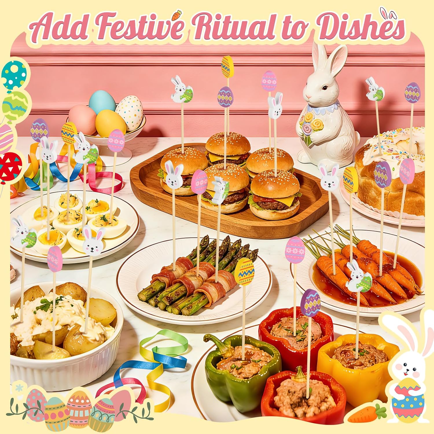 100 Rabbit Cocktail Picks, Bunny Fancy Toothpicks for Appetizers, 4.7 IN Bamboo Fruit Skewers, Wooden Food Sticks for Drink Garnish Spring Easter Baby Shower Party Decorations Charcuterie Accessories