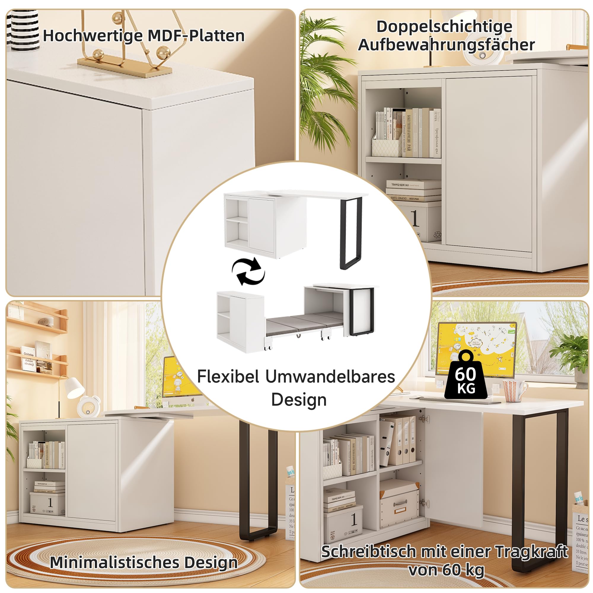 BTM 2-in-1 Klappbett mit Matratze Eckschreibtisch mit Stauraum und Rollen Bett mit Schreibtisch Schrank Gästebett Klappbar Weiß