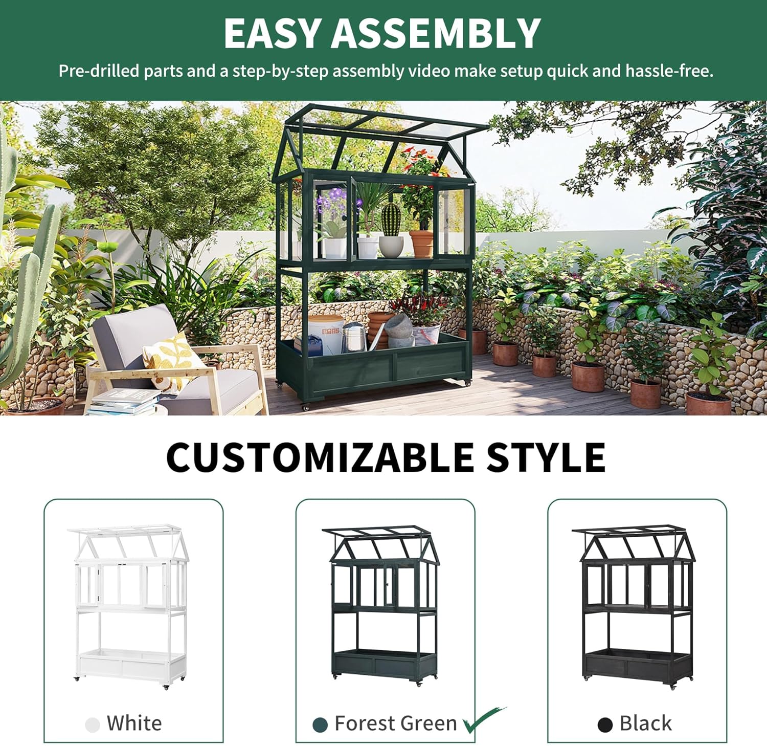 Garden Wood Portable Cold Frame with Movable Wheels Mini Greenhouse with Openable Roof and Storage Box(Green)