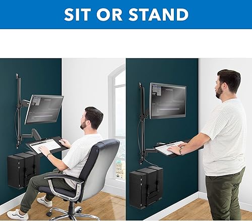 Miniatura 3 de Mount-It! Estación de trabajo de montaje en pared con soporte para monitor único, bandeja para teclado y soporte para CPU, brazos de movimiento