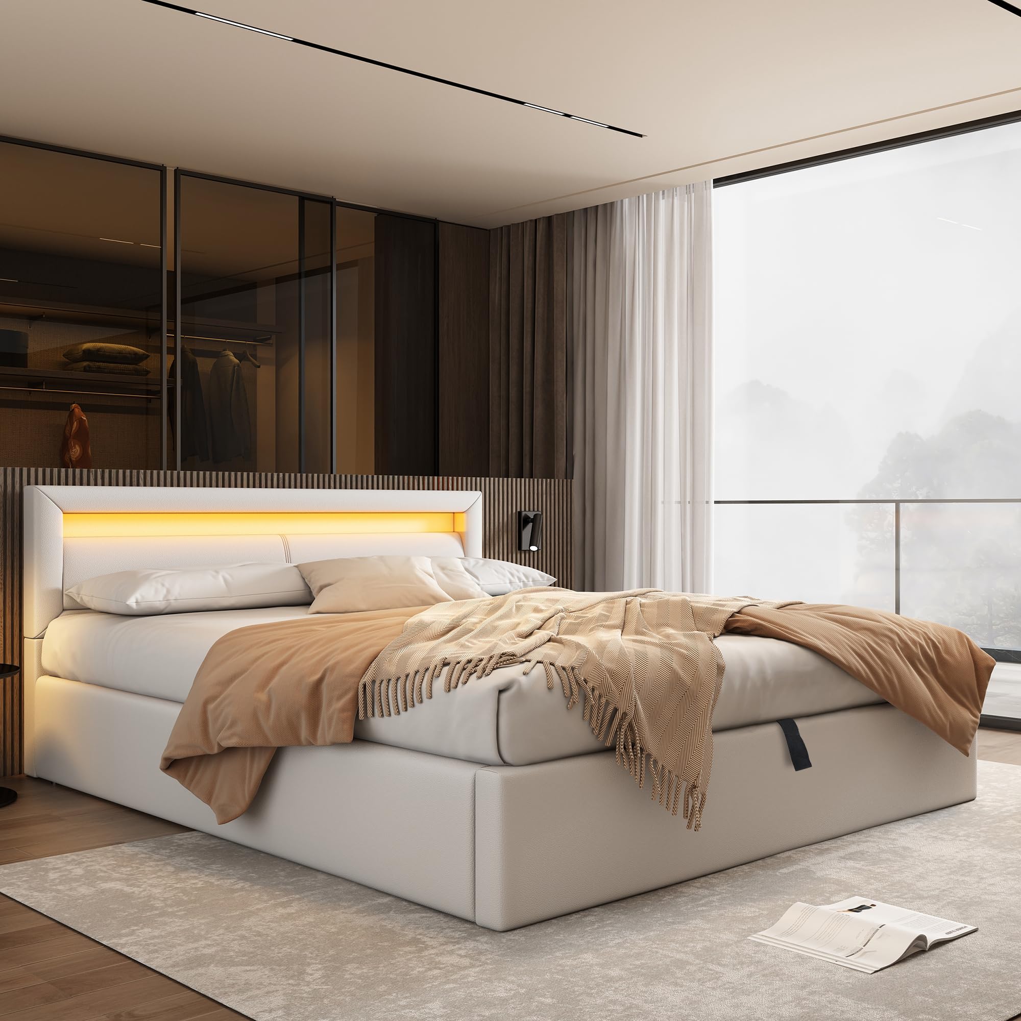 Cama tapizada, Cama LED, 140 * 200 cm, con somier de láminas y canapé, con cabecero Iluminado, Color Blanco, cabecero y Polipiel