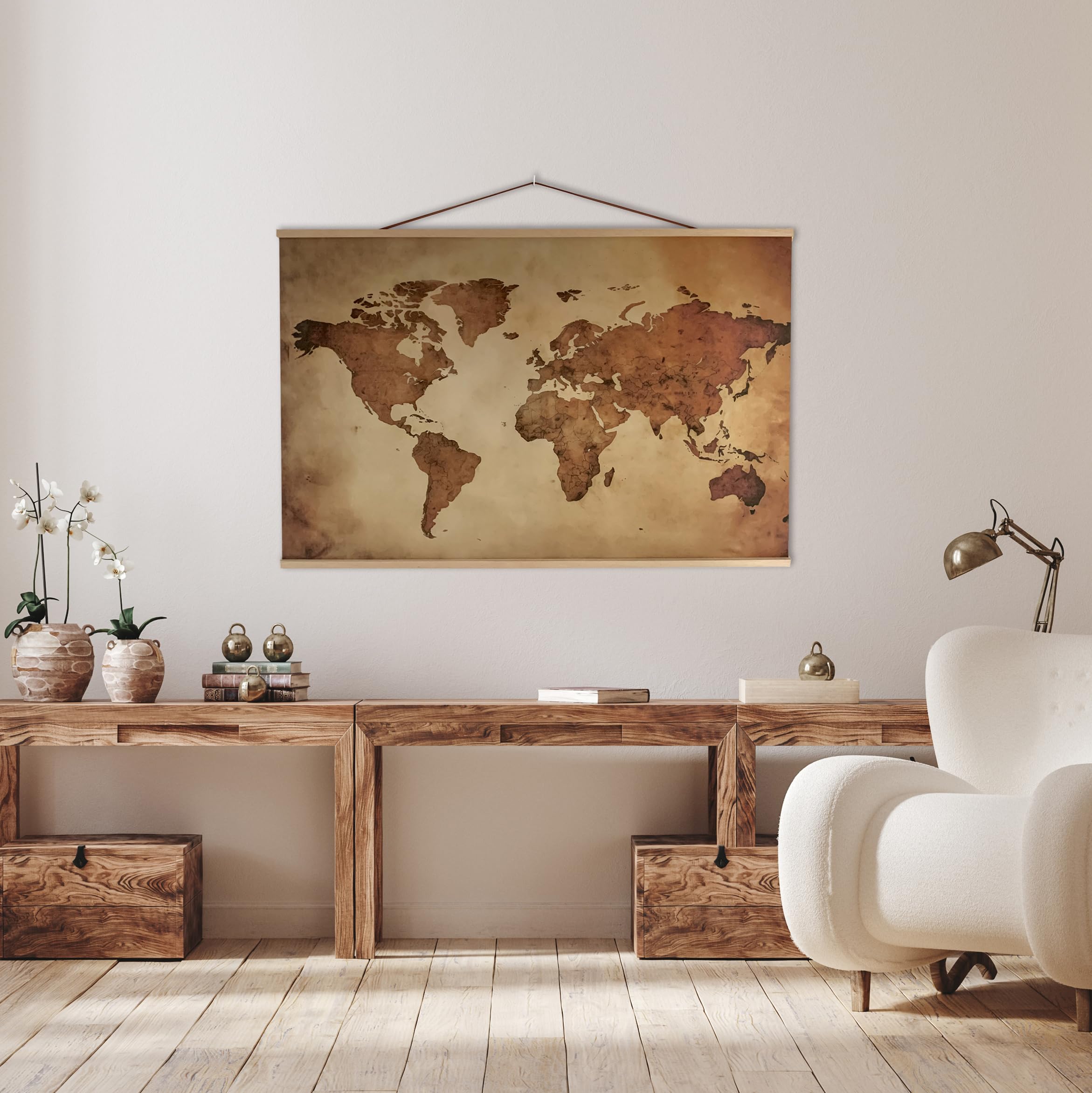 Mapa del Mundo Vintage - Impreso tela 370gr/m2 con textura/Lienzo - Mapamundi Tamaño 135x89,5cm - Mapa del Mundo Gigante con textos en inglés - Cuadro Mapa Mundi