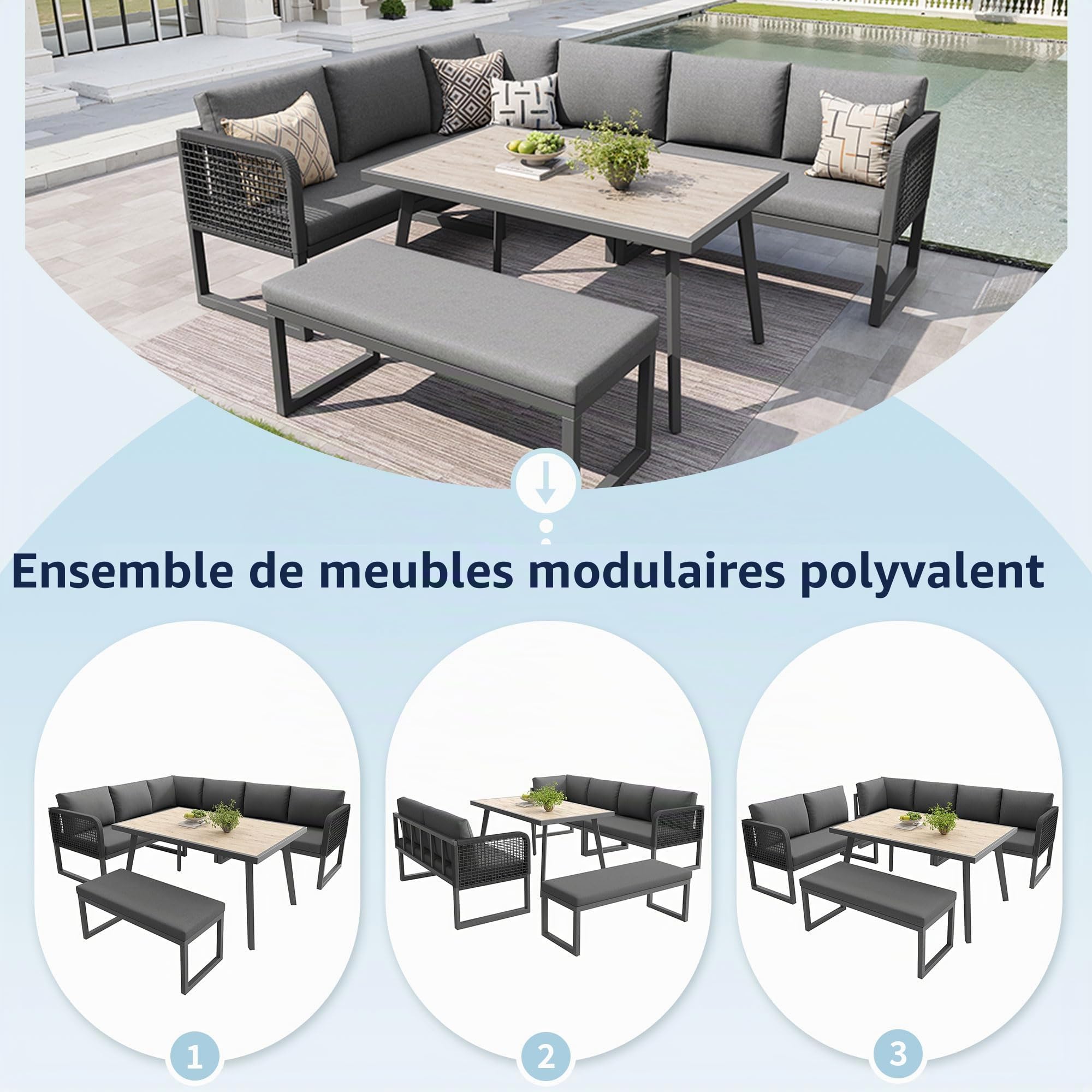 Sapgaks Salon de Jardin d'extérieur 6-8 Places,Canapé d'angle extérieur en L avec Coussin et Table,Rotin PE tissé à la Main,Ensemble de canapé de Jardin résistant aux intempéries,Gris