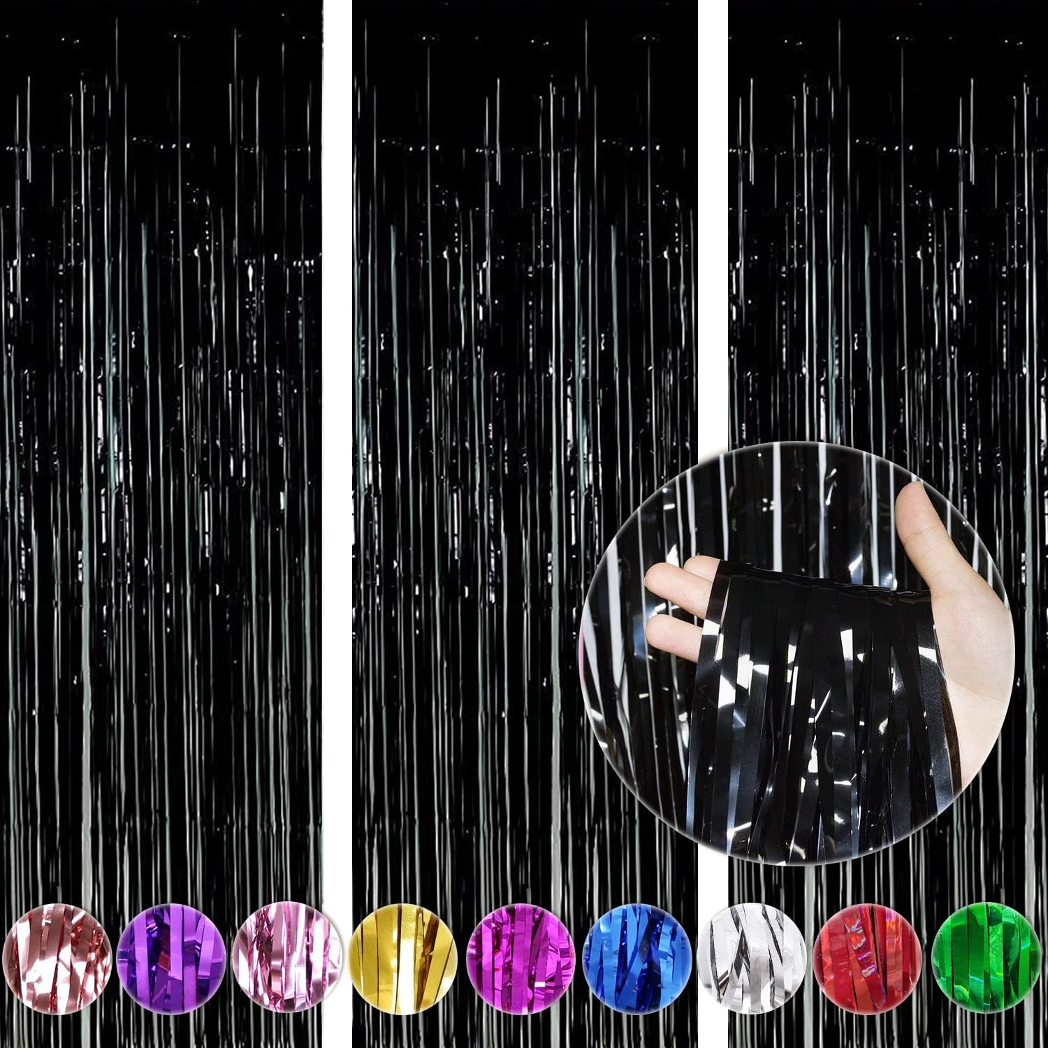 WOBBOX Big 3Ft X 6Ft Pastel Black Color Foil Fringe Curtain Backdrop Door Window Curtain Party Decoration, Foil Curtain for Birthday Decoartion (Pack of 3)