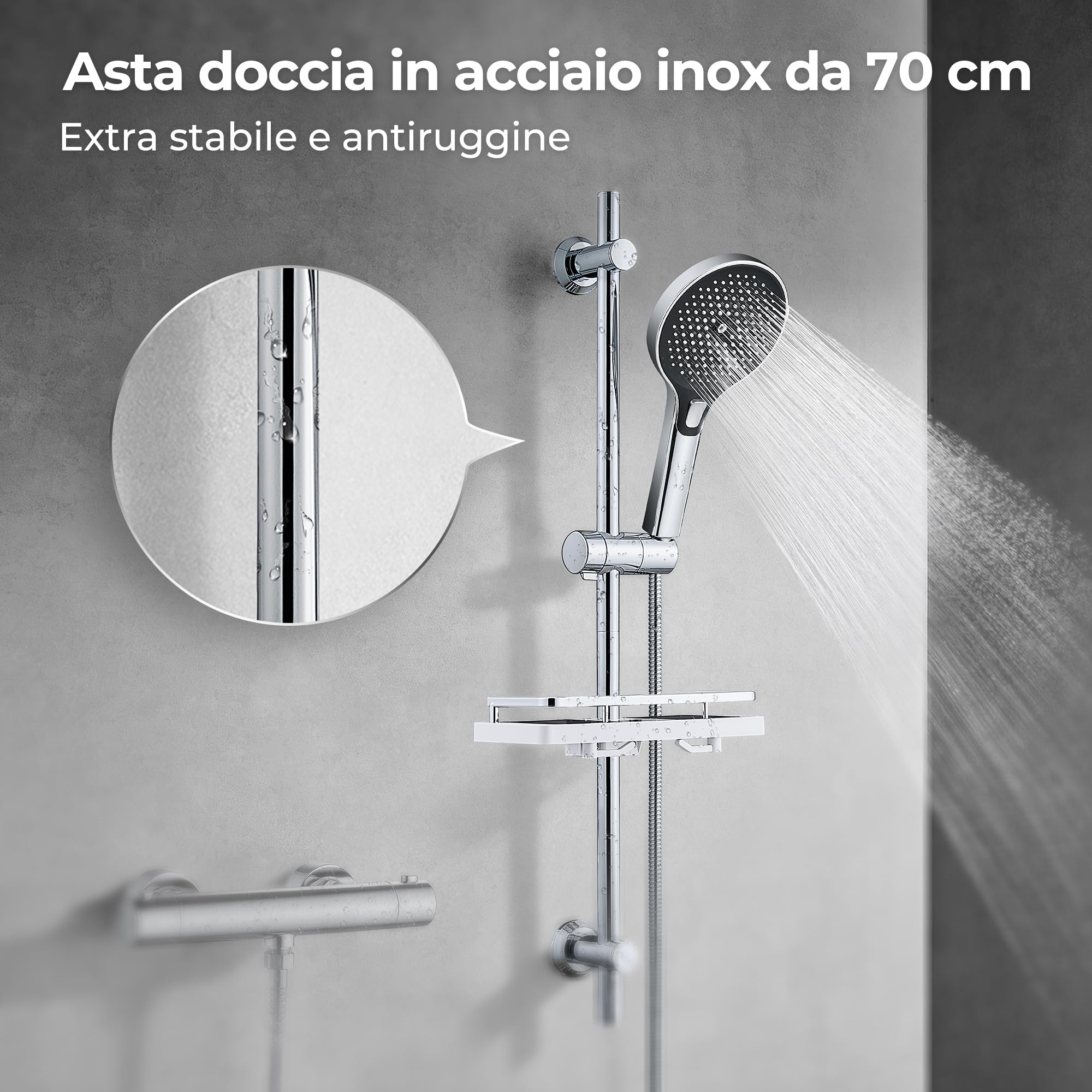 JOHO Colonna Doccia Senza Miscelatore, Asta Doccia Acciaio Inox 70 cm con Supporto Soffione Regolabile, Saliscendi Doccia Adattarsi ai Fori Esistenti con Doccetta 3 Geti e Mensola, Cromo