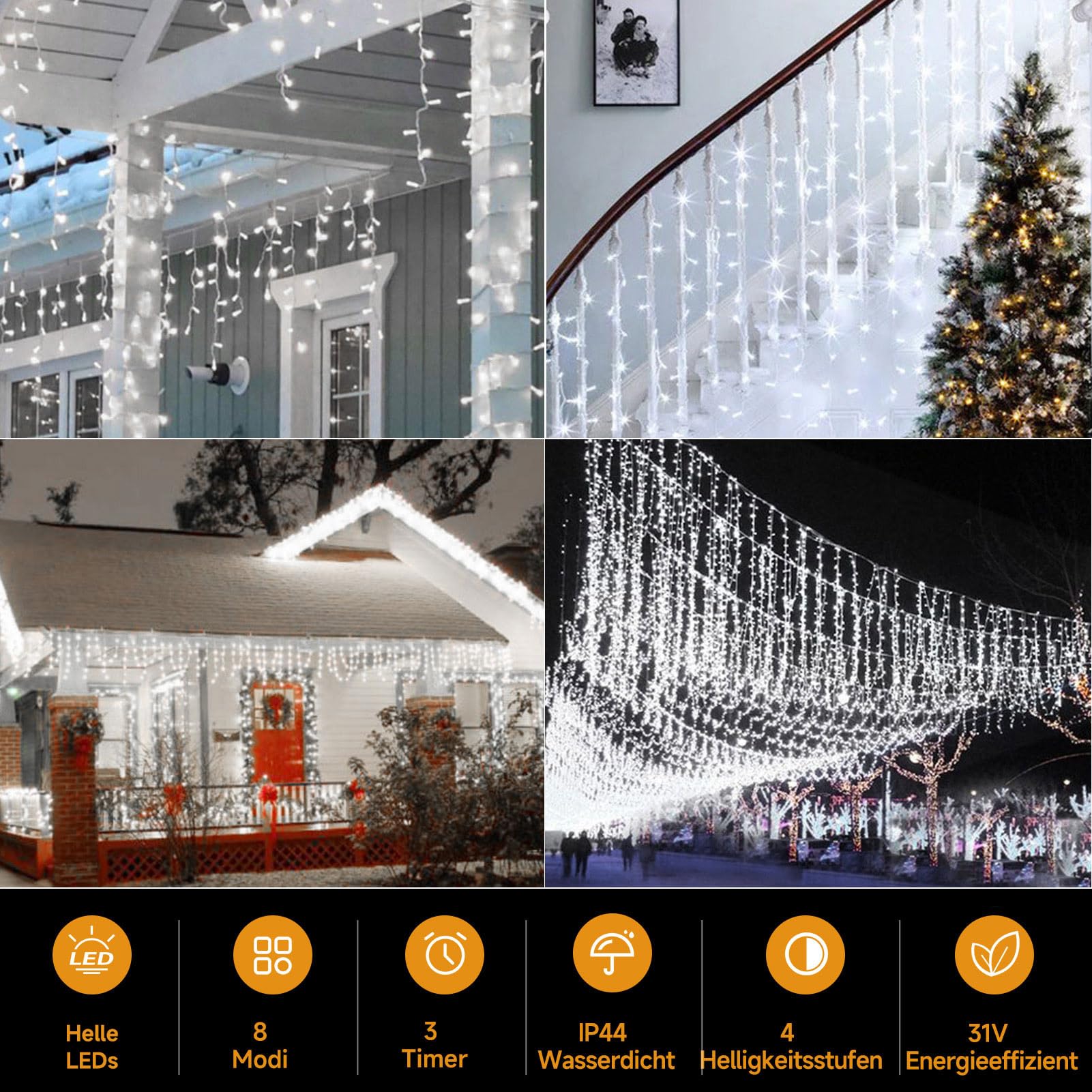 WOWDSGN Łańcuch świetlny LED na zewnątrz, 25 m, 1100 diod LED, sople lodu, z timerem, 8 trybów, wodoszczelność IP44, zasilanie prądem, zasłona świetlna na Boże Narodzenie, krawędź dachu, rynna dachowa