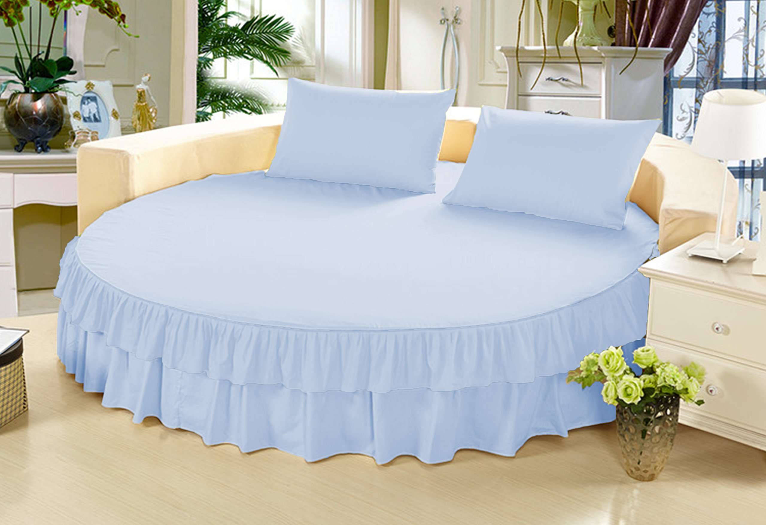 Jupe de lit ronde 243 cm coton égyptien 600 fils bleu clair de grand diamètre
