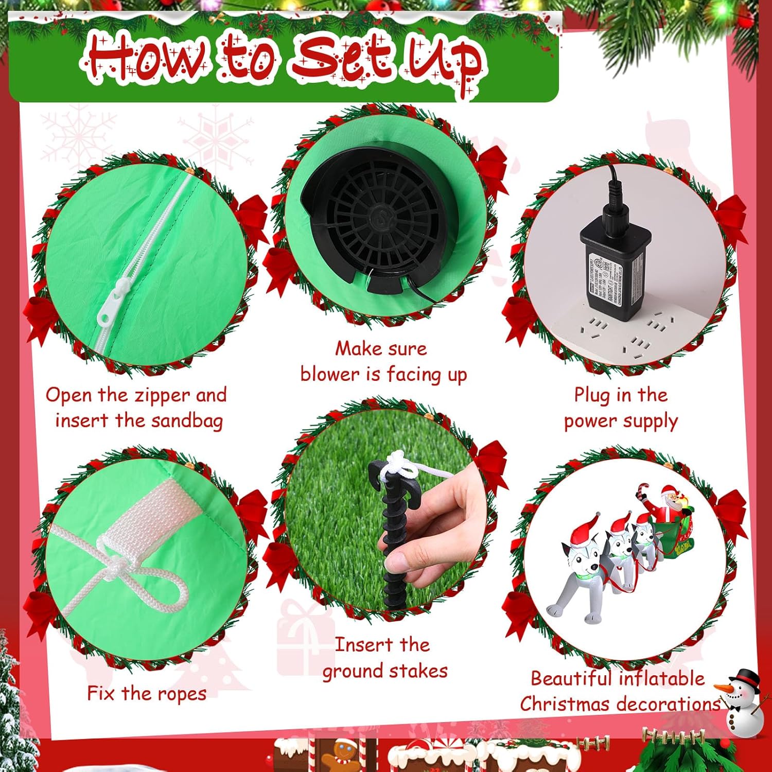 Capoda 12 FT Santa Sleigh Inflatable Decorations Outdoor, Giant Christmas Santa Claus on Sleigh with 3 Dogs Blow up Decor with Built-in LED Lights for 2025 Holiday Yard Lawn Garden Decoration - Image 4