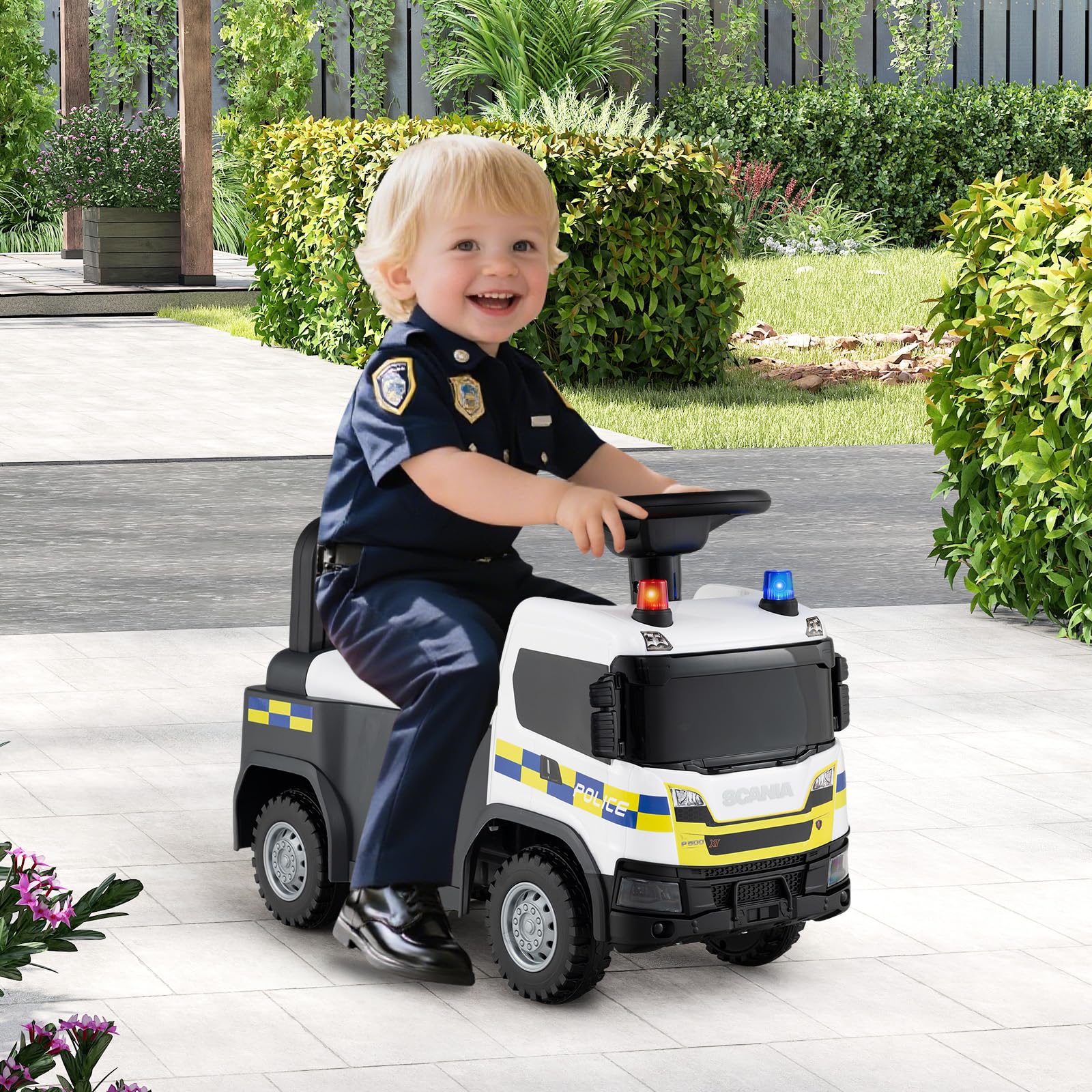 COSTWAY Correpasillos Bebé, Coche Correpasillos para Niños con Bocina, Música, Sonidos y Luces de Bombero/Construcción/Policía, Andador con Almacenaje para Niños de 18+ Meses (Blanco)
