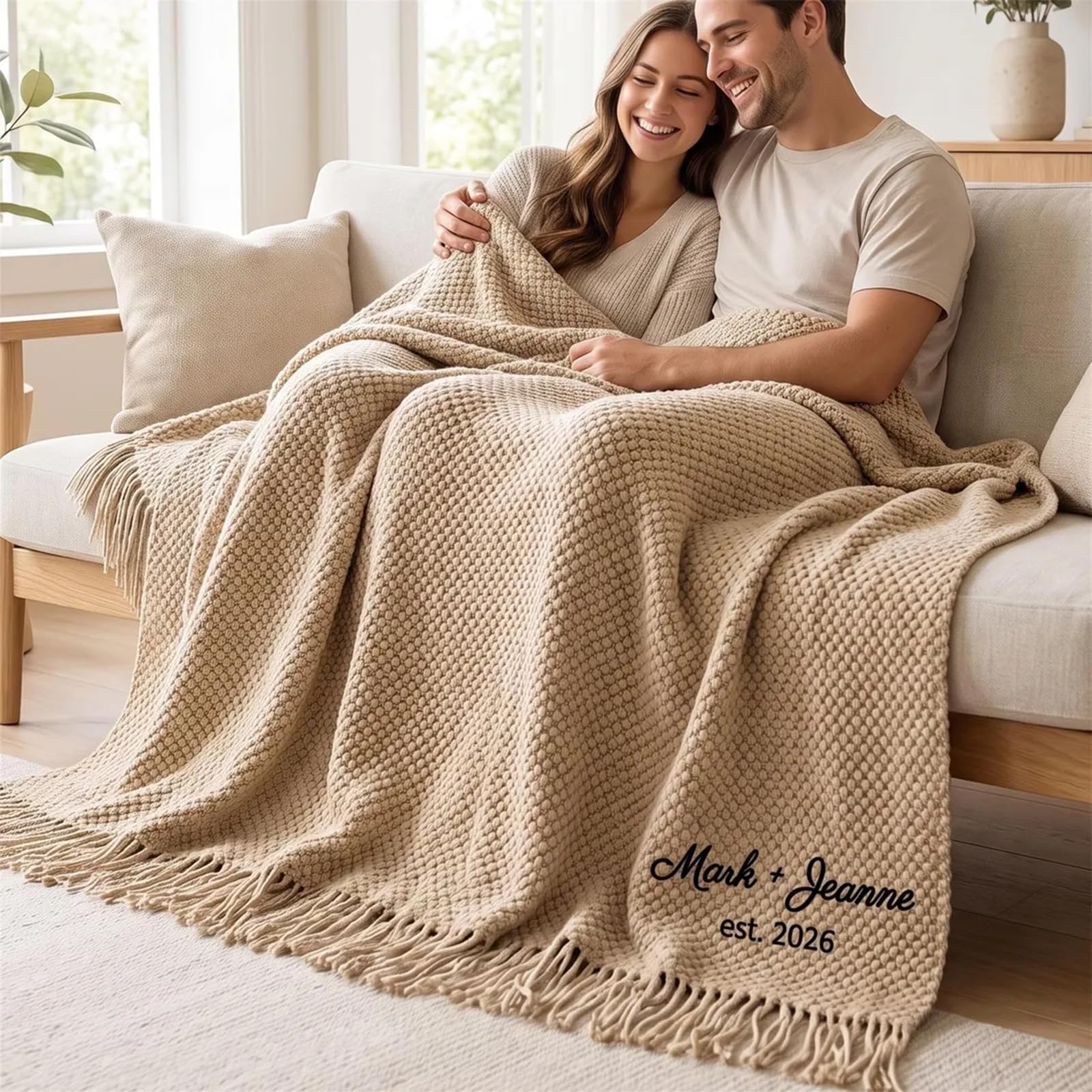 Manta de boda personalizada, manta bordada personalizada para parejas con nombres, acogedora manta de punto con flecos (150 x 250 cm)