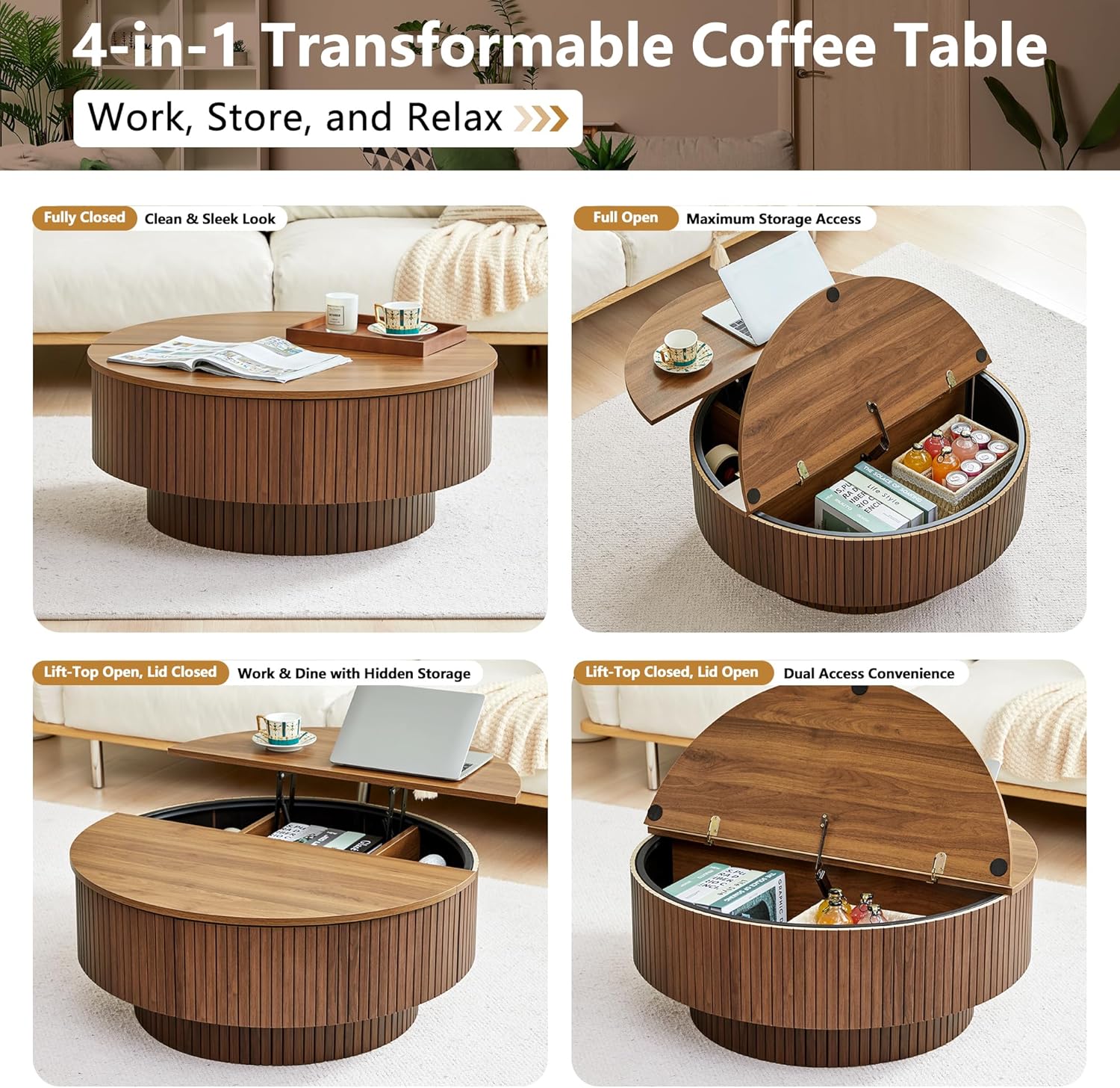 33" Round Coffee Table with Lift-Top & Flip-Top Storage, Modern Accent Fluted Coffee Tables with Metal Frame, Wooden Circle Center Table for Living Room Small Space Apartment Office (Walnut)