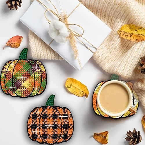 Miniatura 5 de 8 posavasos de pintura de diamante de calabaza de otoño con soporte, kit de pintura de diamante de otoño DIY para adultos, manualidades, regalo para