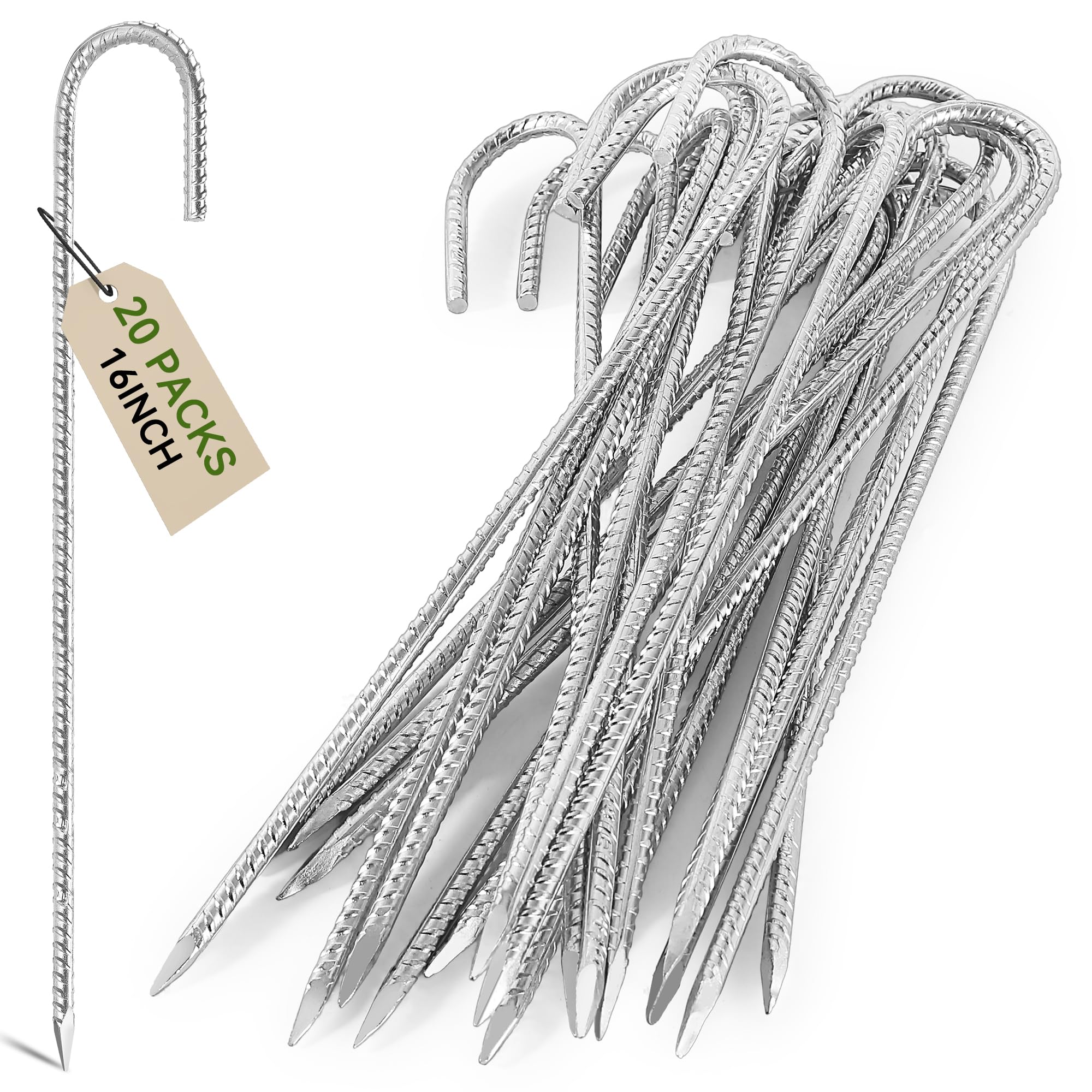 Graxury 20Packs 16 Inch Heavy Duty Garden Trampoline Tents Stakes - J Hook Thickened Rebar Galvanized Steel Securing Pegs Anchoring Shed Swings Camp