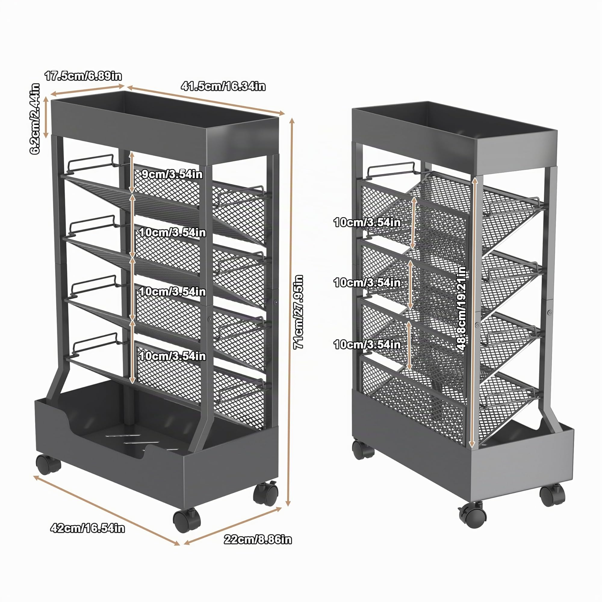 Estantería Móvil con Rueda, Organizador de Escritorio | 6 Niveles, Metal, Carrito Almacenamiento para Libros, Revistas, Gran Capacidad, Estantería de Oficina, Gris