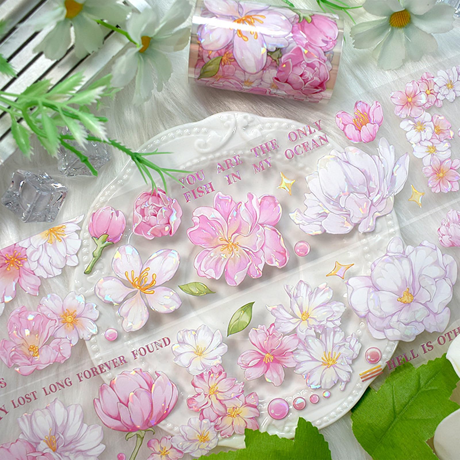 1Roll Laser Flower Wide PET Tape, Floral Decorative Transparent Tape Adhesive Crafts Tapes for DIY Journals Planners Scrapbook Supplies