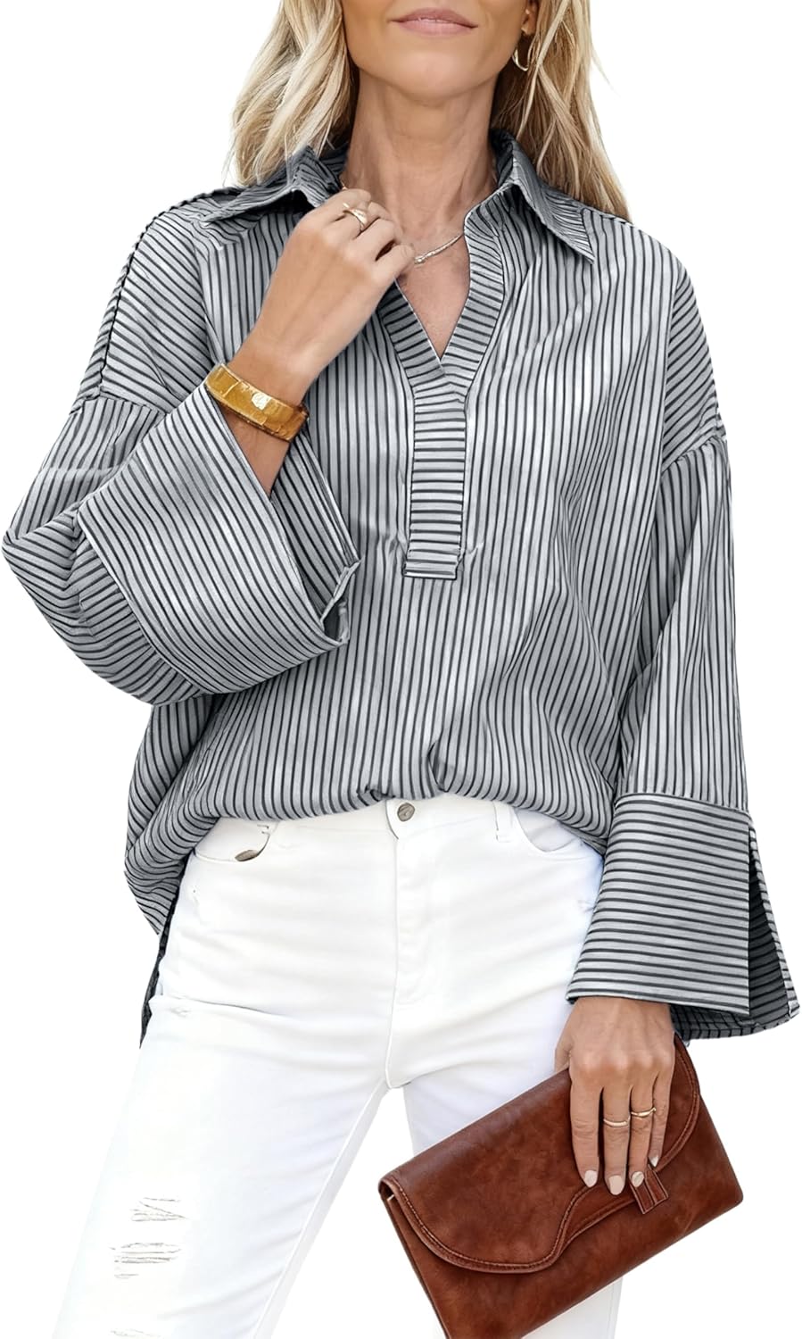 Watashi Women Button Down Shirt Casual Striped Print Dressy Henley Shirts Oversize Long Sleeve Collared Office Work Blouse