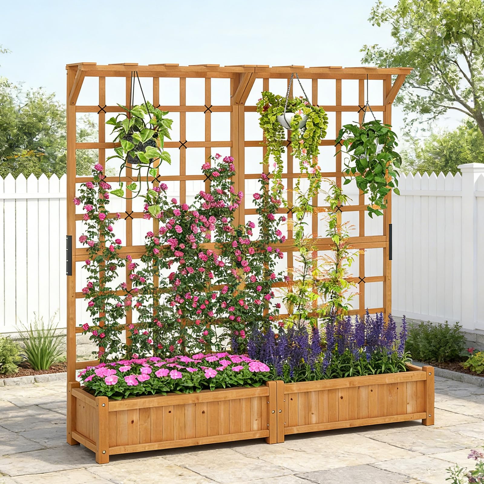 Amazon.com: COSTWAY 71 Large Wooden Raised Garden Bed with Trellis and  Hanging Roof, 2 Planter Boxes, 4 Drainage Holes, Removable Bottom Plate for  Climbing Plants, Flowers, Outdoor Balcony Planter : Patio, Lawn & Garden