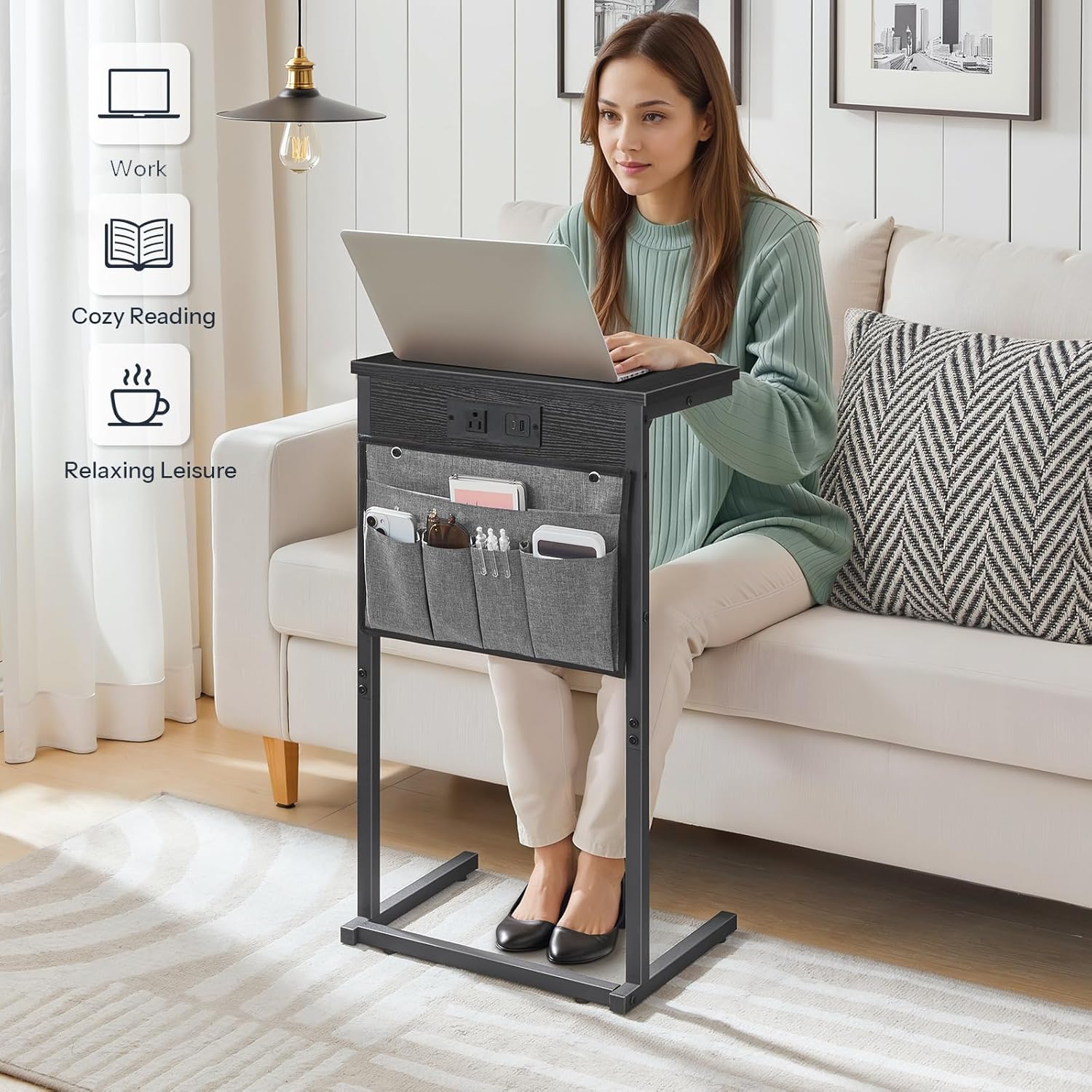HOOBRO C Shaped End Table with Charging Station, 28" Tall Couch Table for Couch and Recliner for Small Spaces, Slide Under Sofa Table TV Tray with Storage Bag for Living Room, Black BB70USF01