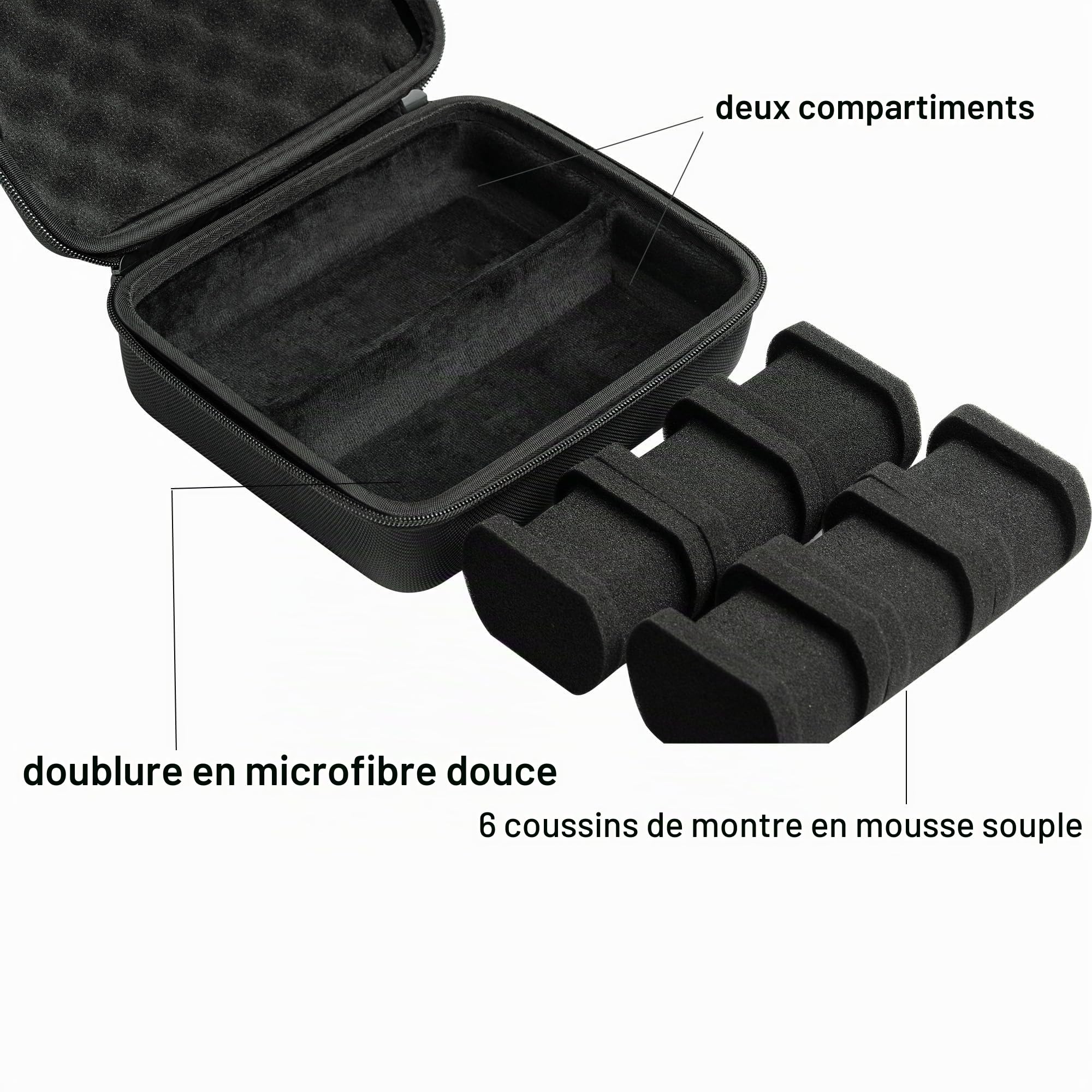 Étui de voyage rigide à 6 emplacements pour montres pour homme, boîte rigide pour affichage et organisation (noir, 6 emplacements avec 2 compartiments)