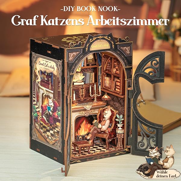 Cutefun Book Nook Kit - Coin de Livre avec Housse Anti-poussière, Maison de Poupée Miniature, Serre-Livres, Modèle de Bibliothèque avec Meubles et Lumière LED - 4