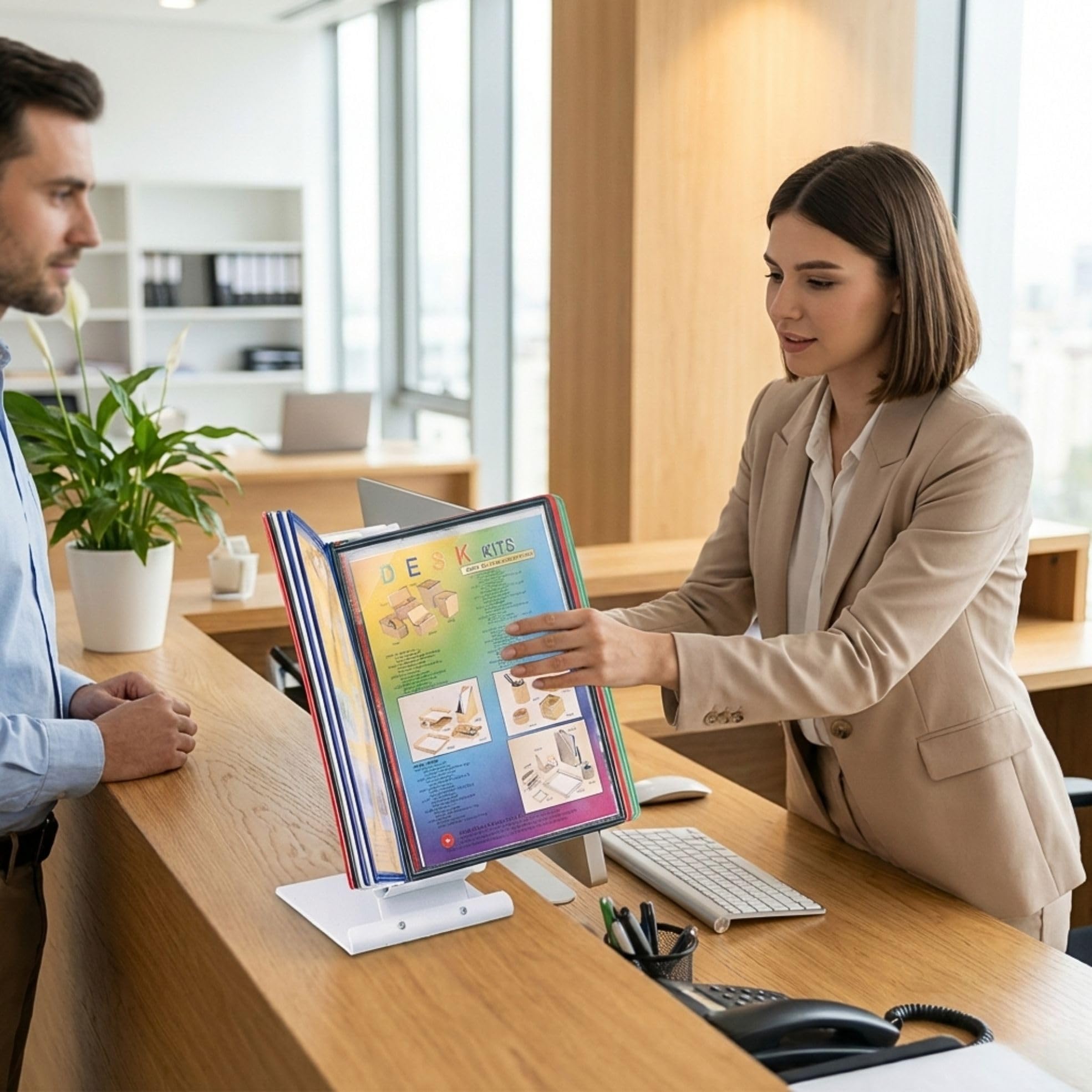 LEVIATAN Tisch-Sichttafelsystem A4 | 10 Präsentationstafeln | Stabiler Metall-Standfuß | Dokumenten-Display für Büro, Werkstatt, Empfang | Mehrfarbig