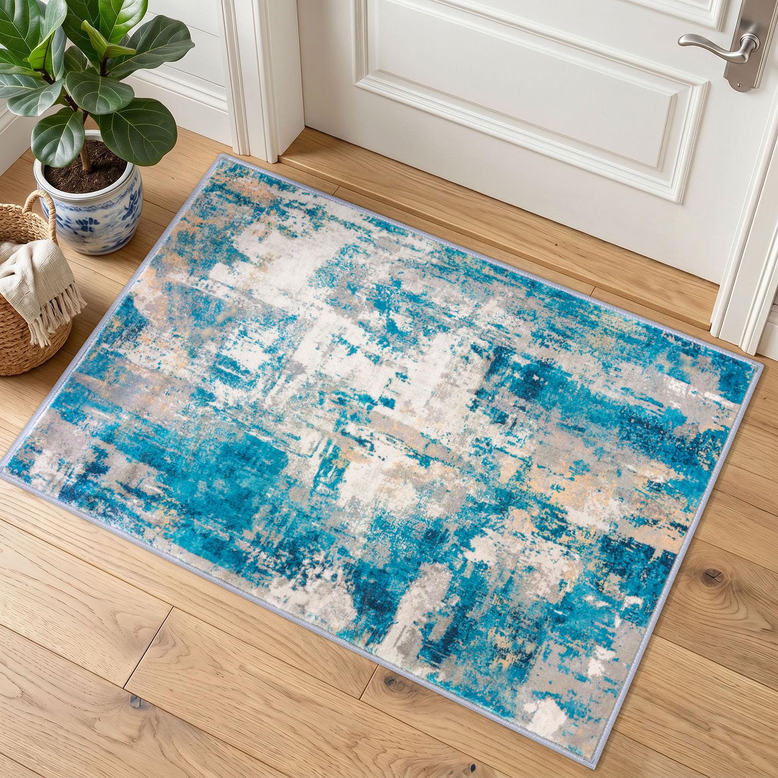KOZYFLY Abstract Small Area Rugs 2x3 Washable Door Mat Turquoise/Beige/Grey — image 1