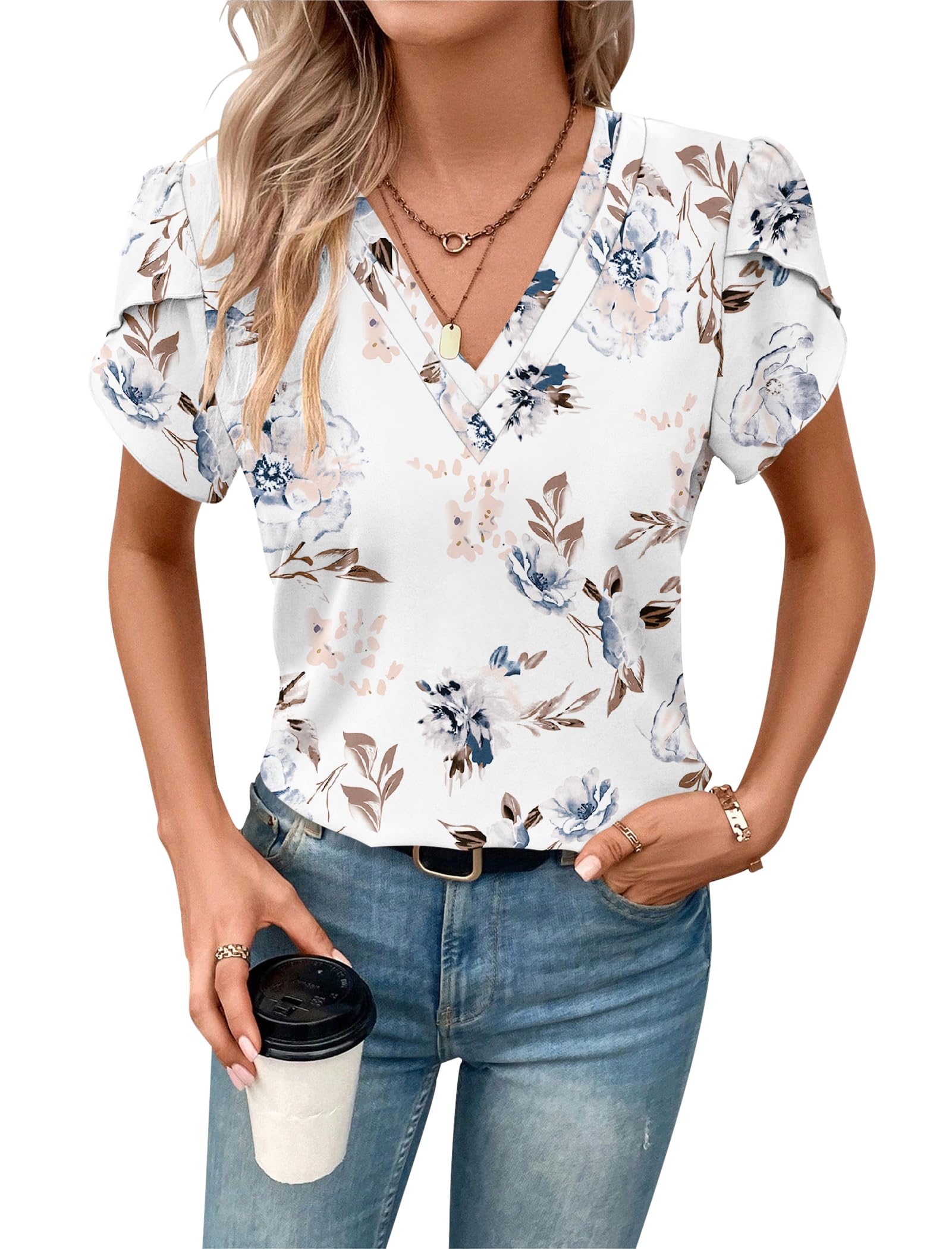 MOLERANI Womens T Shirts Petal Sleeve V Neck Casual Tees Summer Basic Tops