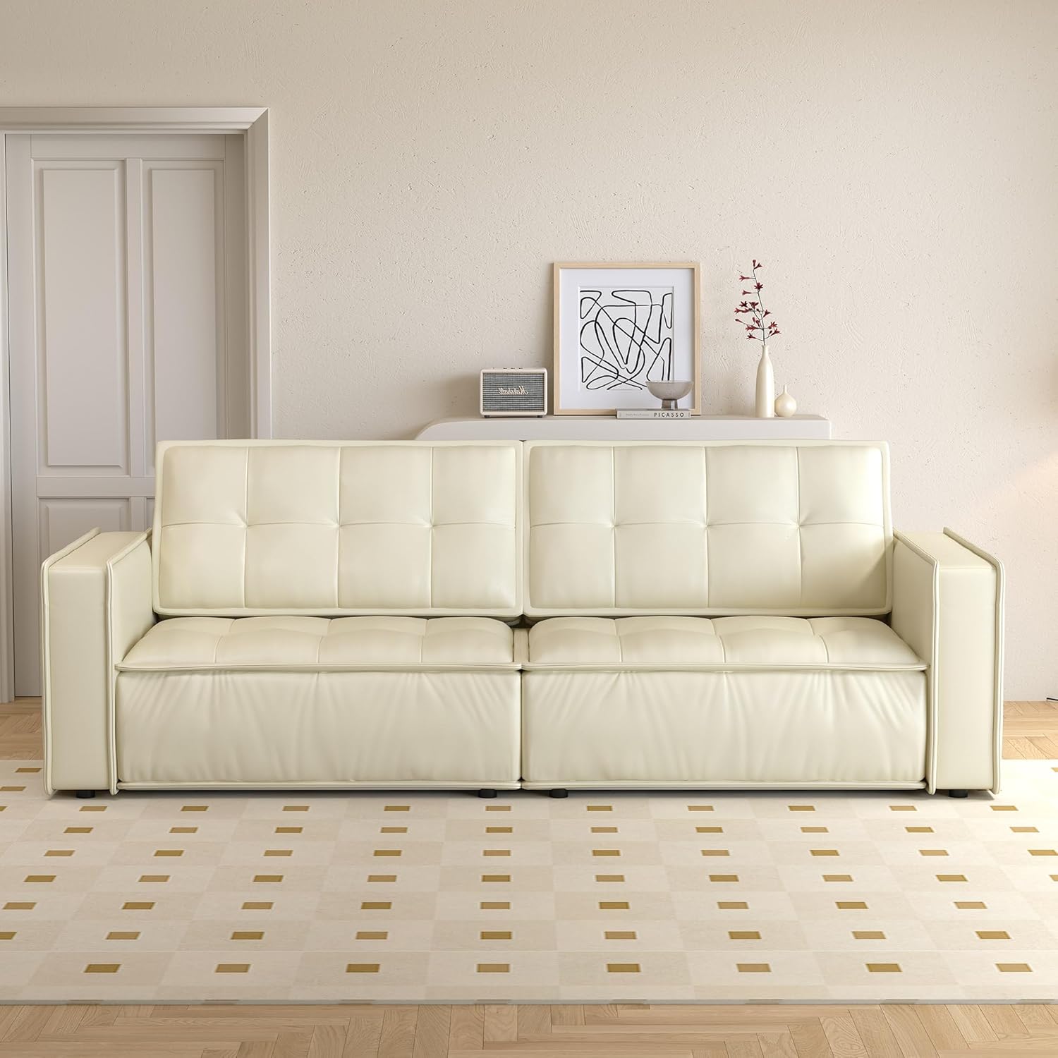 Modern Faux Leather Sofa Couch, 95” Wide 3-Seater Sofa for Living Room, Contemporary Tufted Upholstered Couch with Deep Cushions, Comfortable Elegant Cream Sofa for Home, Office or Apartment