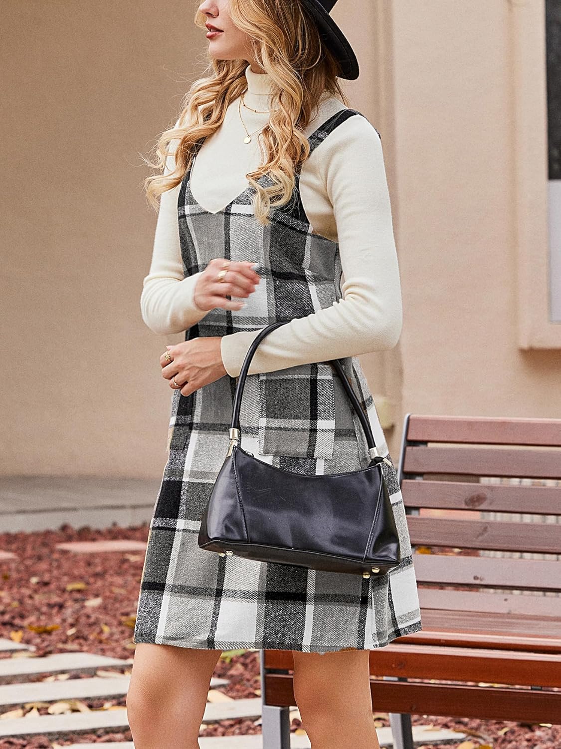 CUPSHE Fall Dresses for Women V Neck Plaid Sleeveless Wide Strpas Pockets Casual Pinafore Mini Overall Dress - Image 4