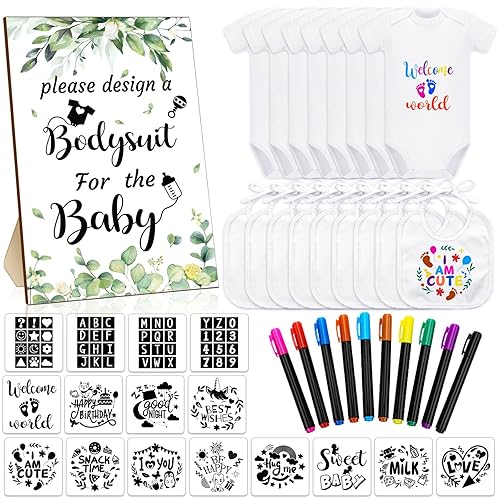 Chuarry Kit de decoración de baberos de bebé de 43 piezas, 8 mamelucos de 2 capas, 10 marcadores de tela, 16 plantillas, letrero de baby shower