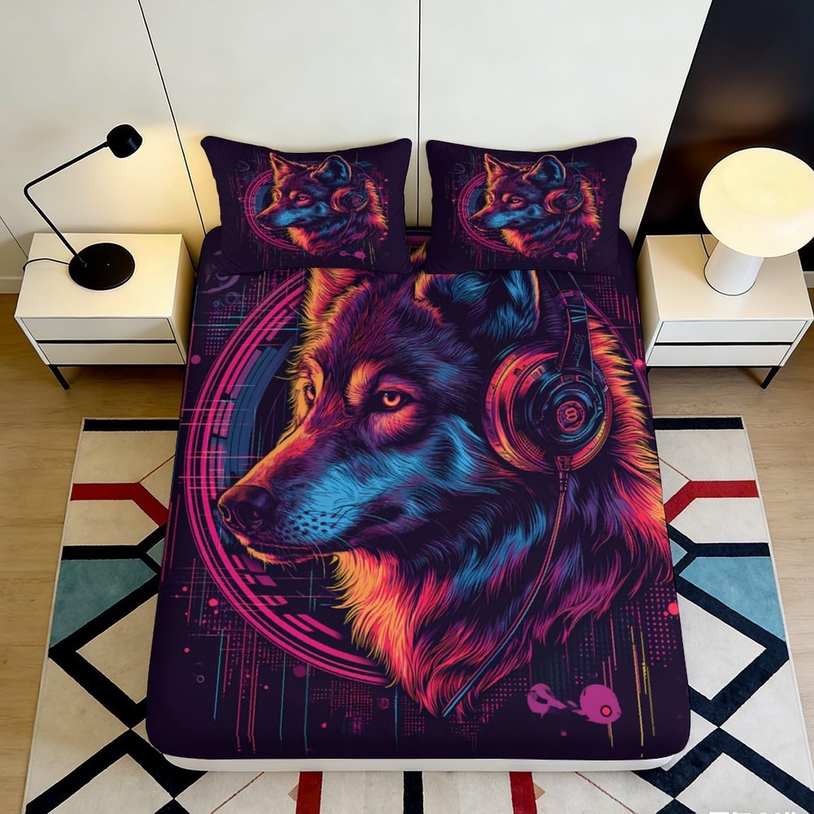 3D Printed Neon Wolf Fitted Sheet Microfiber Soft Durable Cyberpunk Bed Cover 3D Printed Headphone Wolf Mattress Cover for Bedroom Guest Room 180x200x25cm