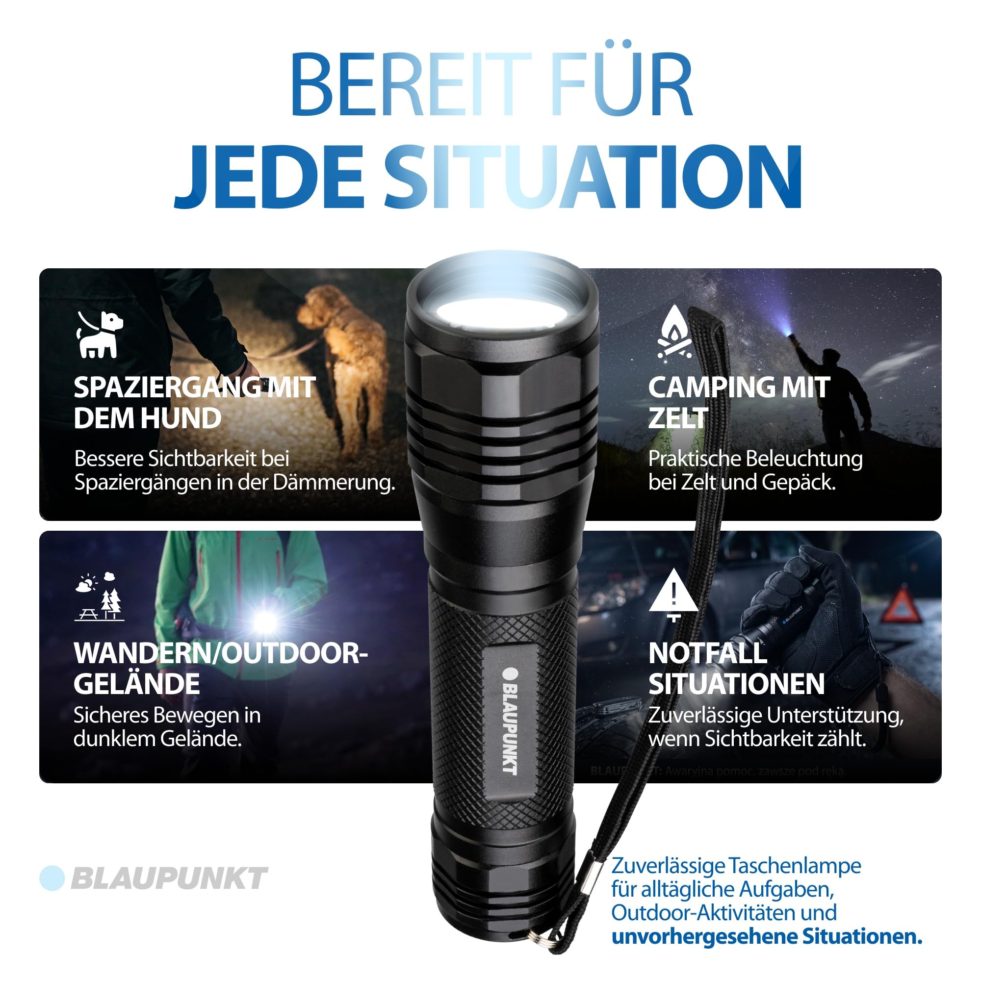 Blaupunkt Taschenlampe, 1600 Lumen Suchscheinwerfer, 6x AA ohne Batterien | 300 m Leuchtweite, LED Suchstrahl, Spritzwassergeschützt IPX4, 10 Std. auf Niedrig – für Rundgang und Grundstück